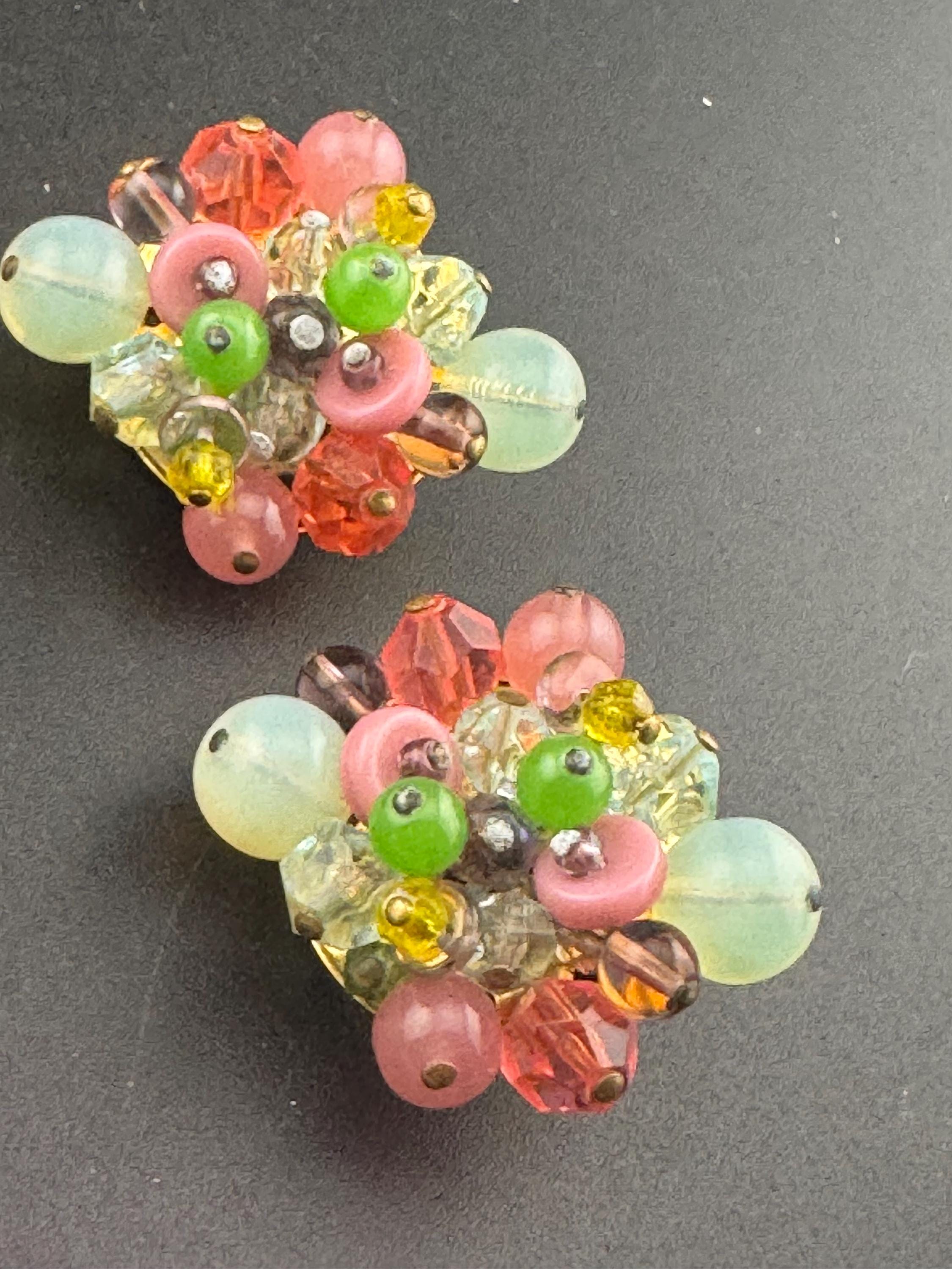 Vintage oversized tutti fruiti pink and green Glass beaded Cluster Clip On Earrings