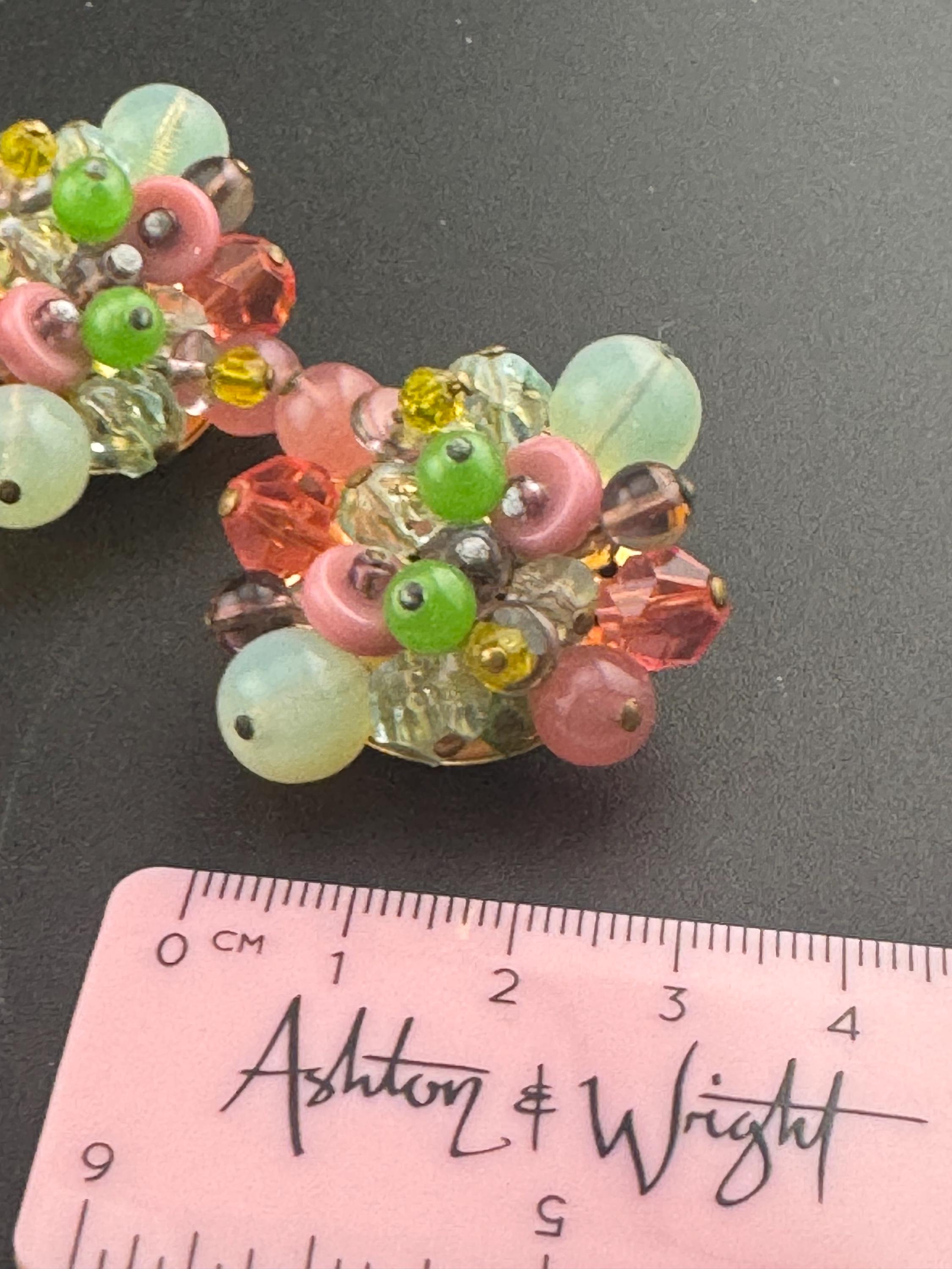 Vintage oversized tutti fruiti pink and green Glass beaded Cluster Clip On Earrings