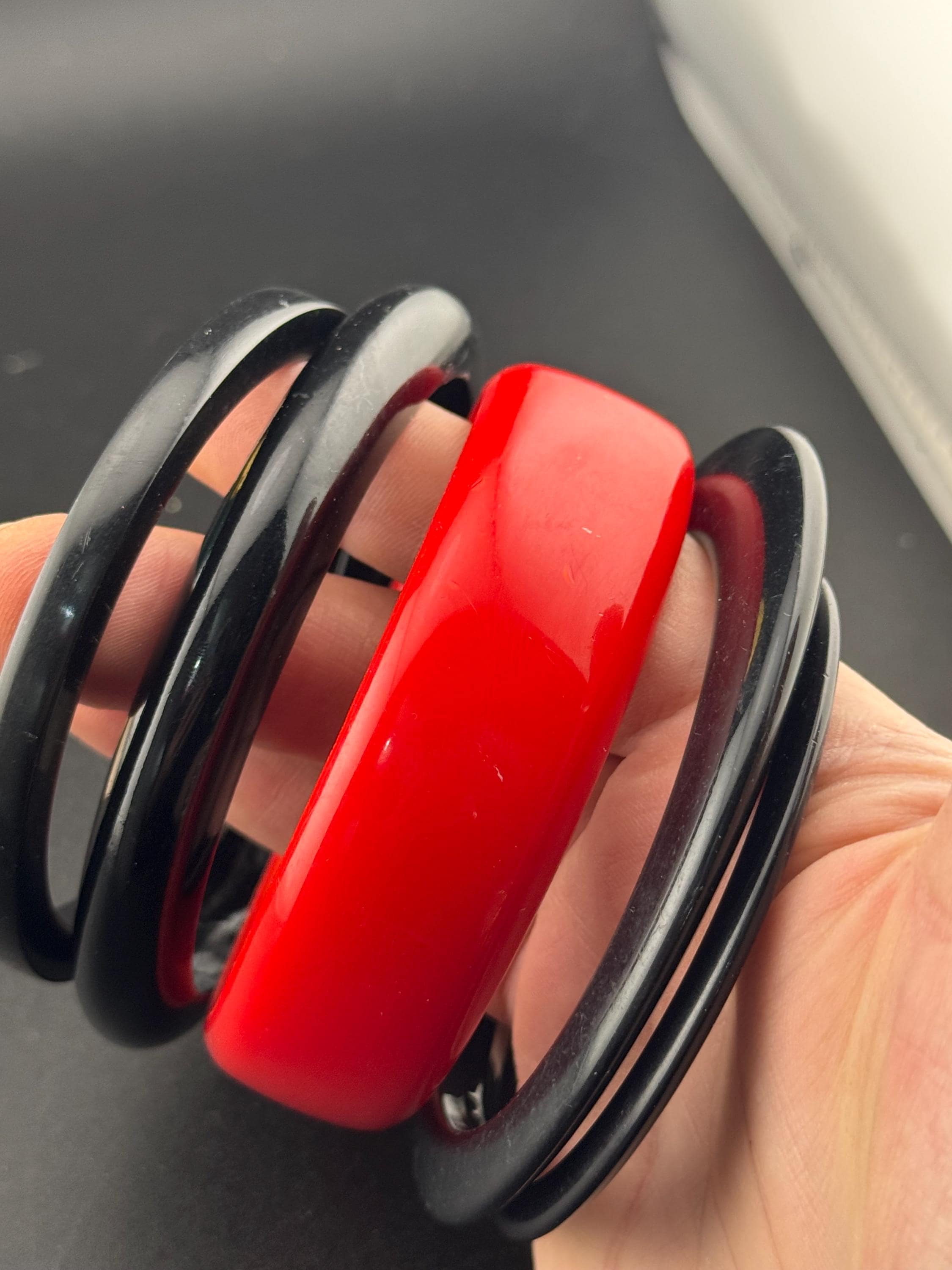 Vintage stack of black and red Chunky stylish plastic bangles retro acrylic bracelets