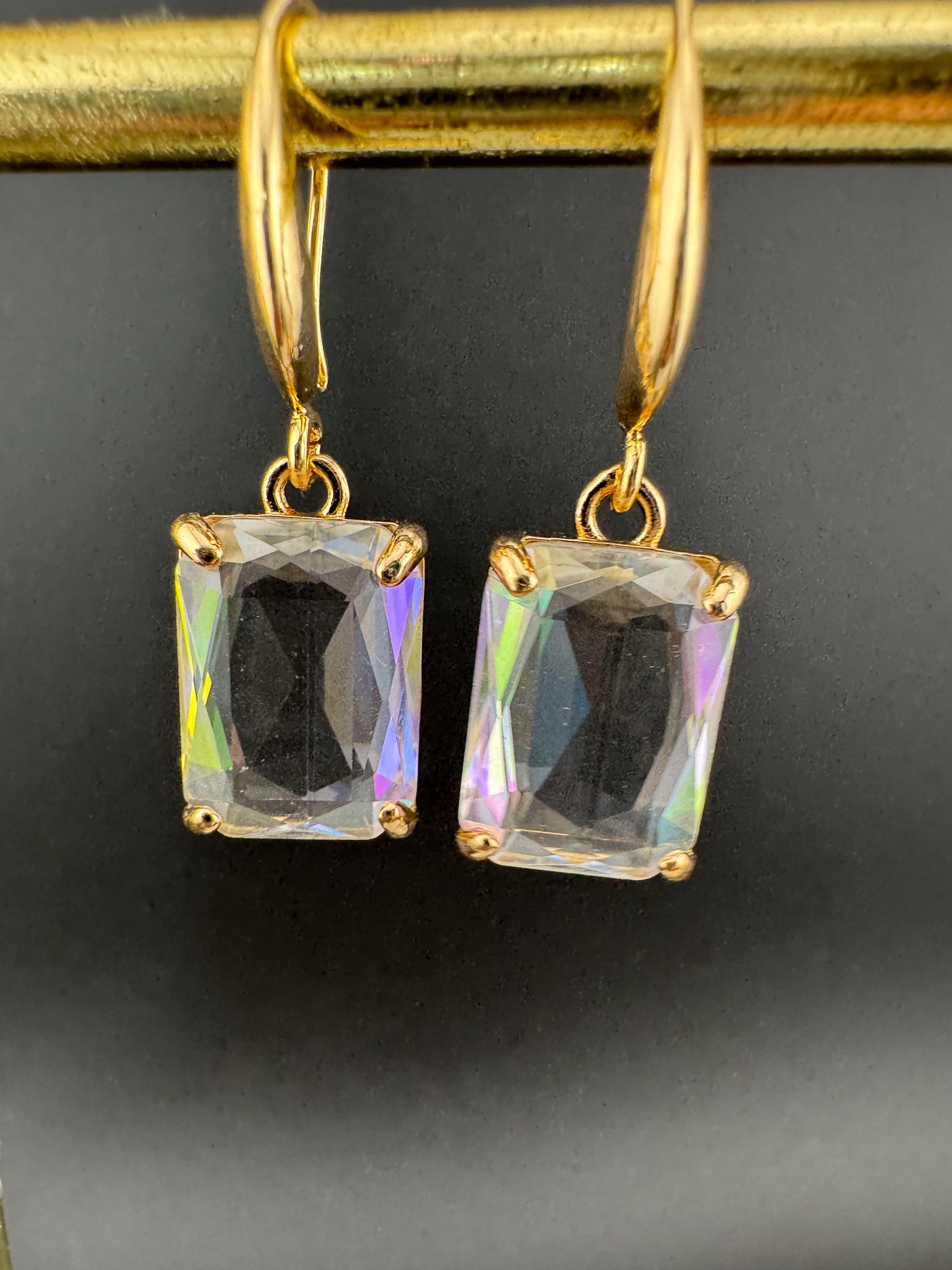 large rectangular rainbow shine crystal diamanté earrings for pierced ears Gold plated