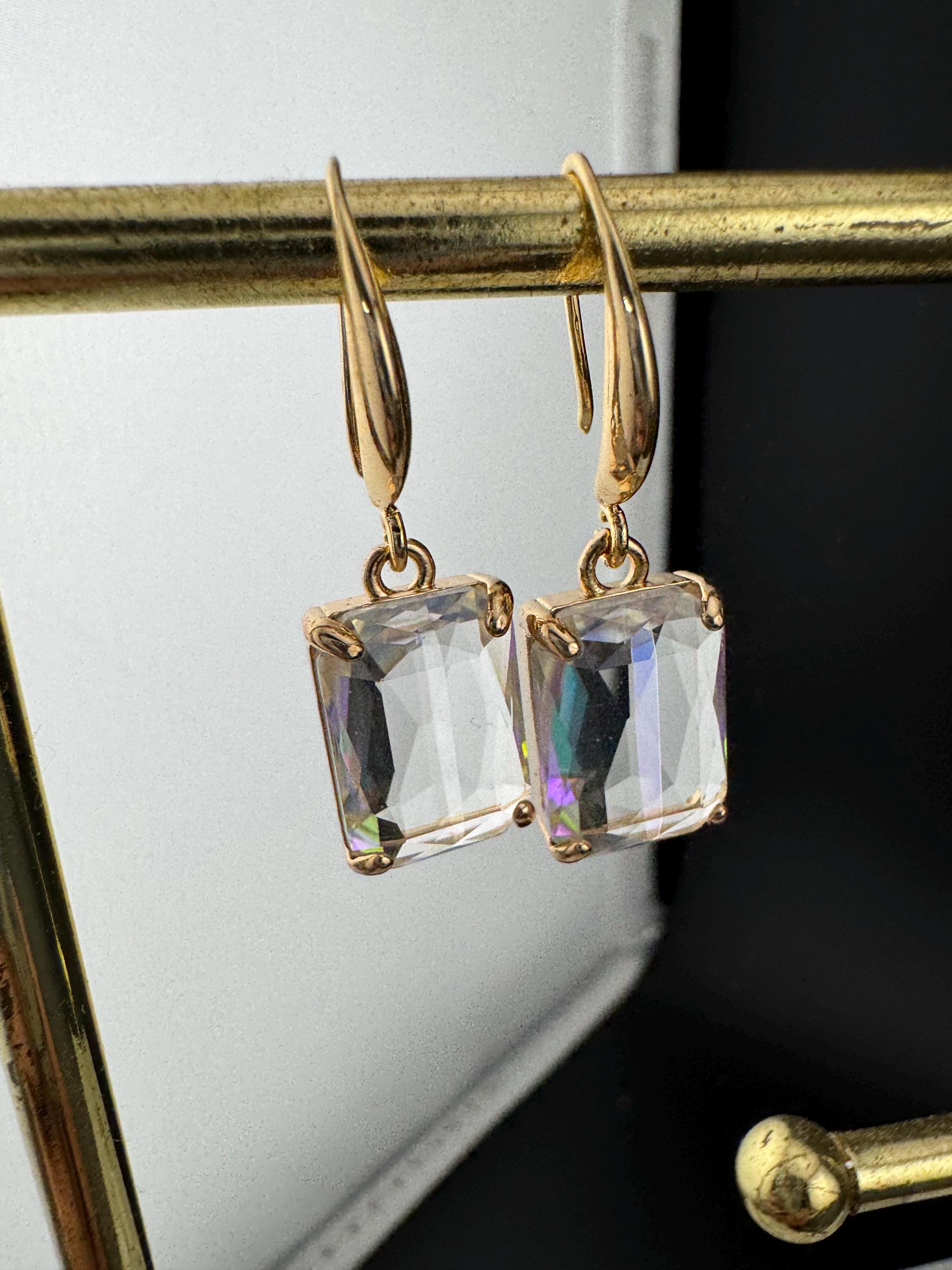 large rectangular rainbow shine crystal diamanté earrings for pierced ears Gold plated