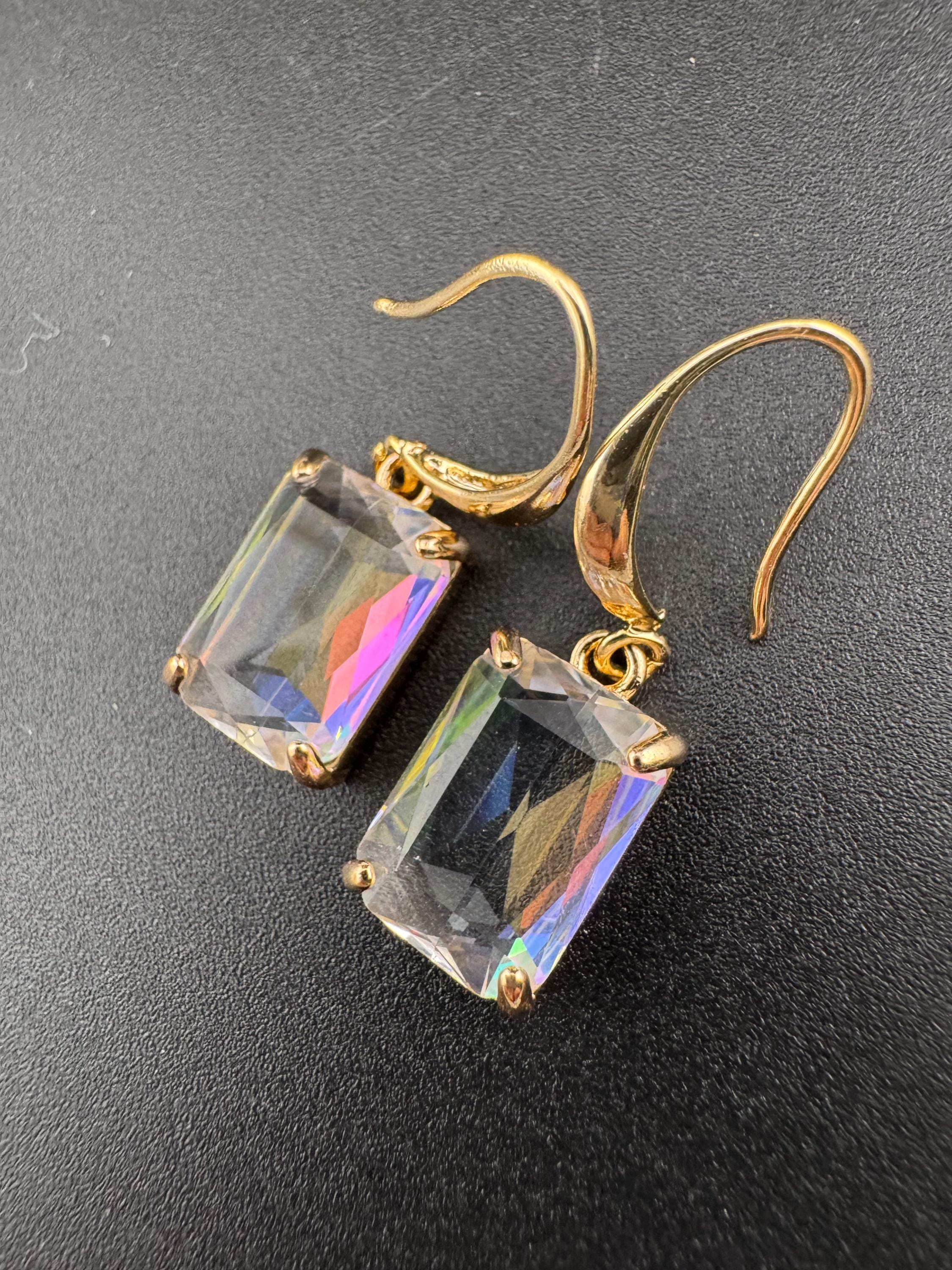 large rectangular rainbow shine crystal diamanté earrings for pierced ears Gold plated