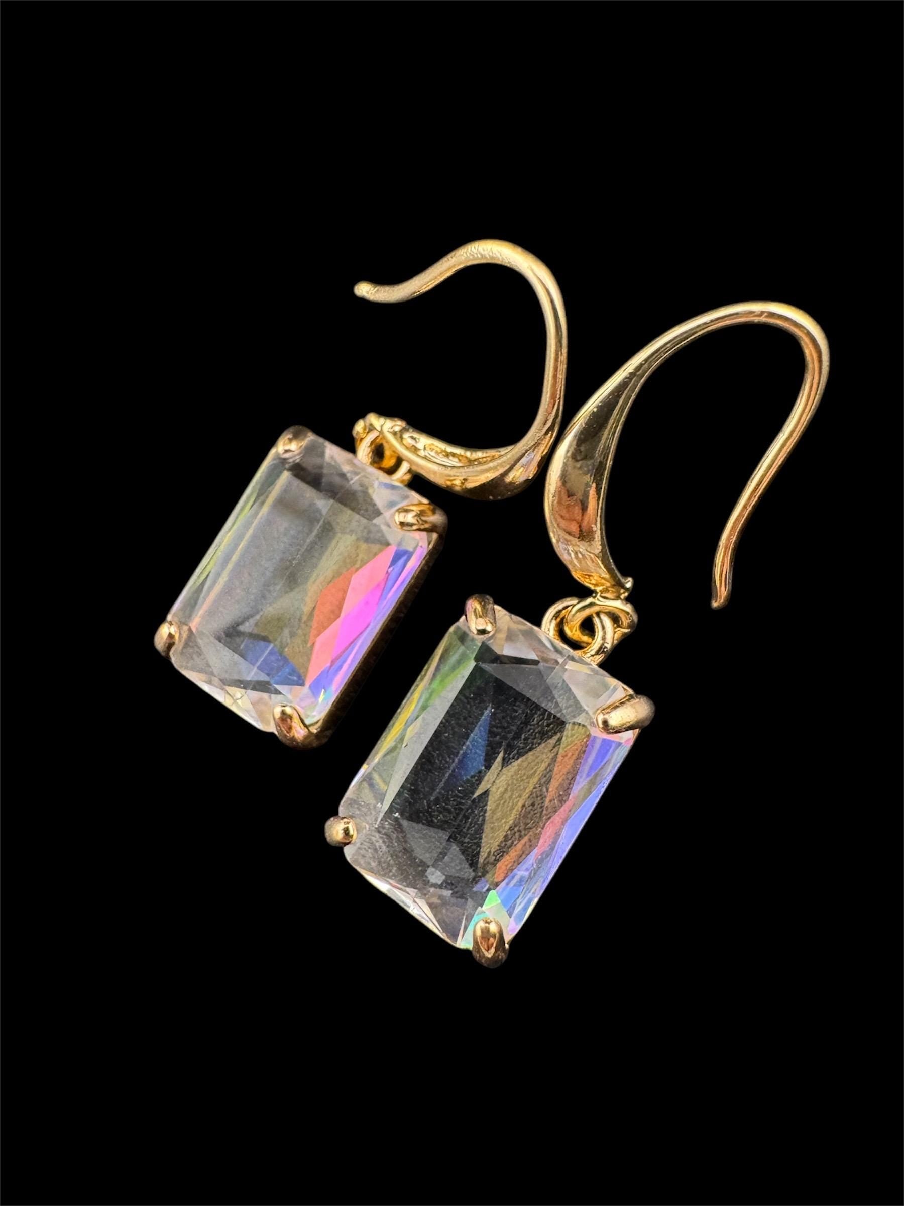 large rectangular rainbow shine crystal diamanté earrings for pierced ears Gold plated