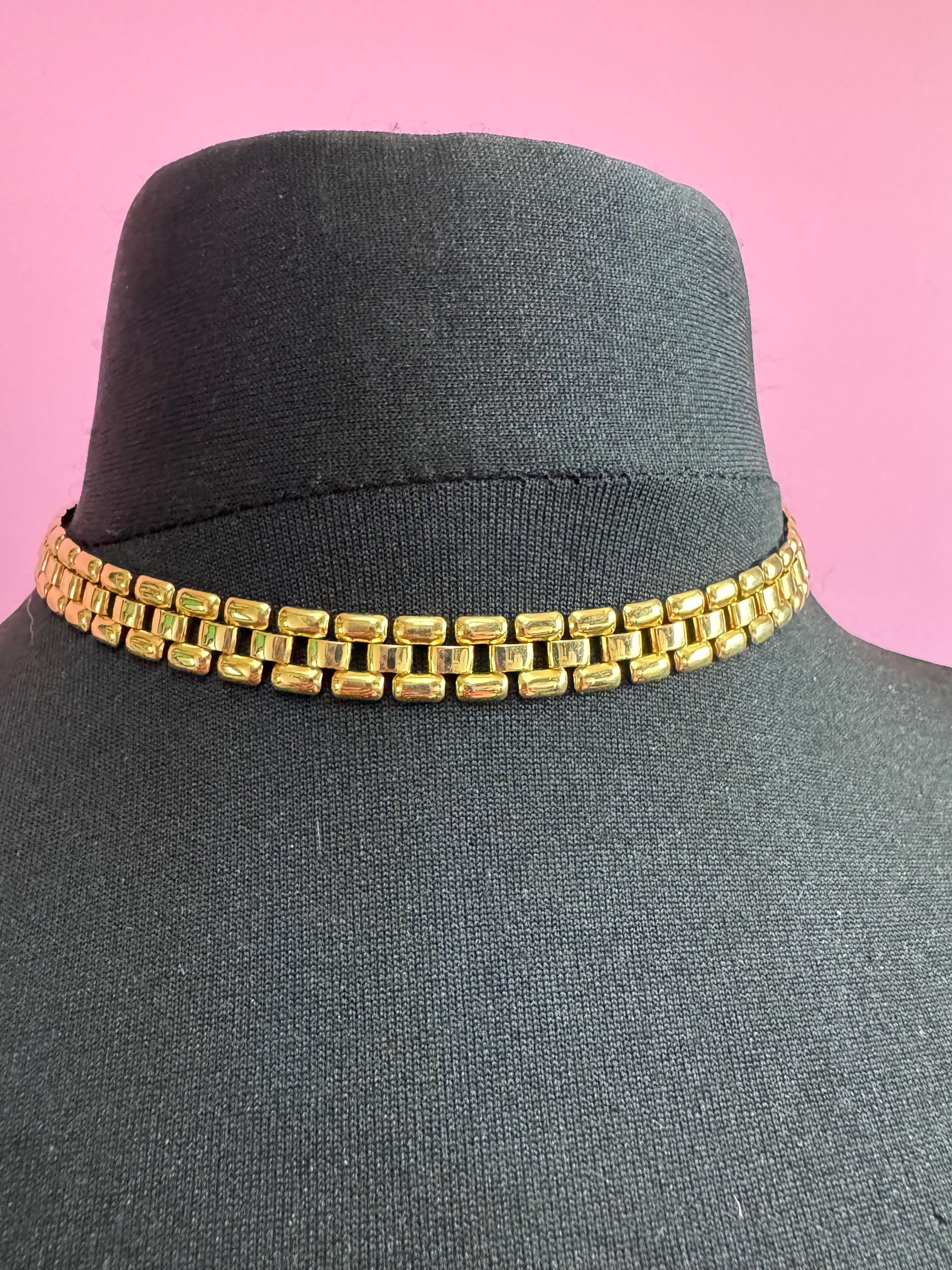 Retro 1980s slim panther link gold tone choker necklace