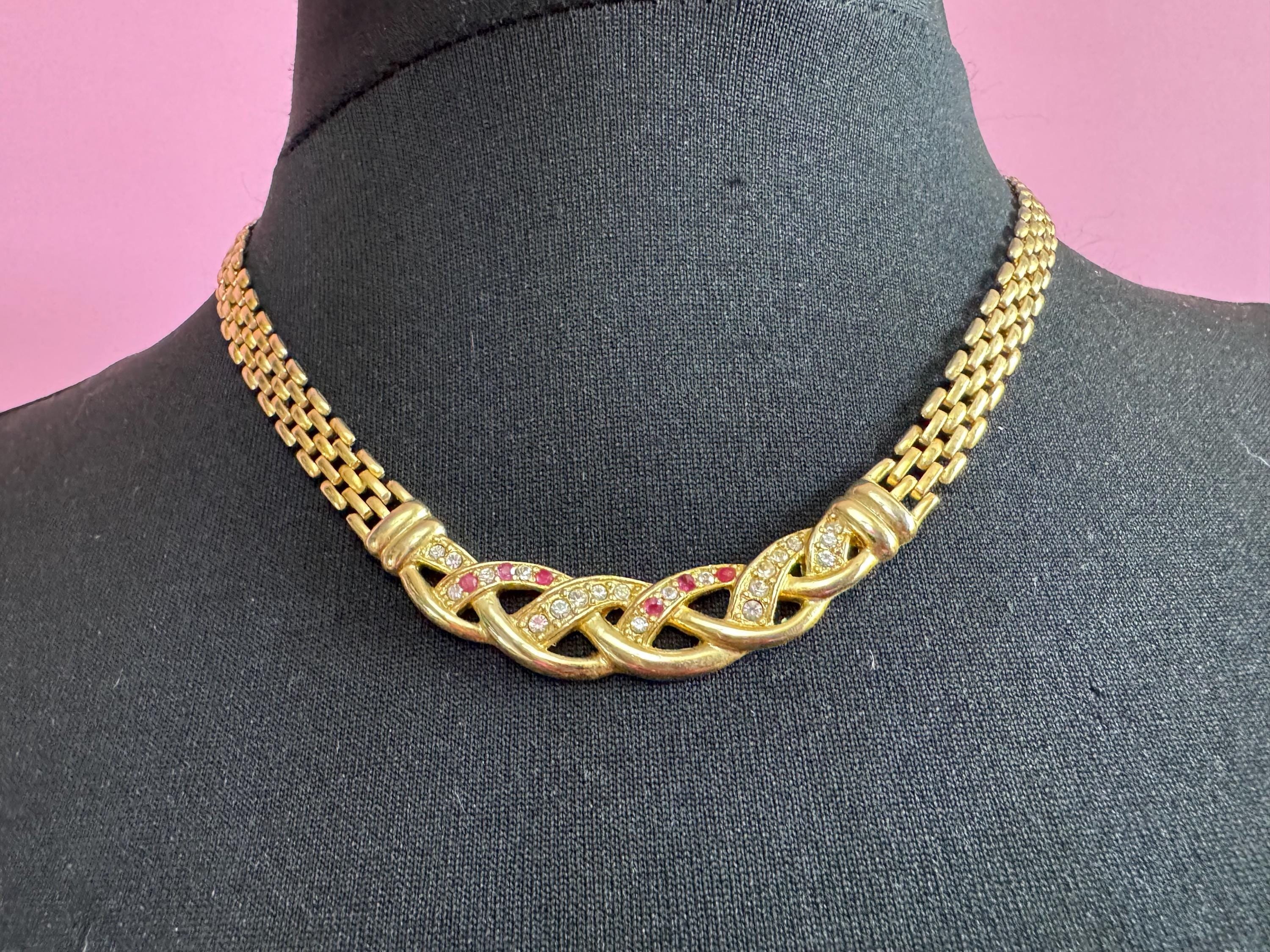 Retro 1980s slim panther link pink crystal diamanté gold tone choker necklace 47cm