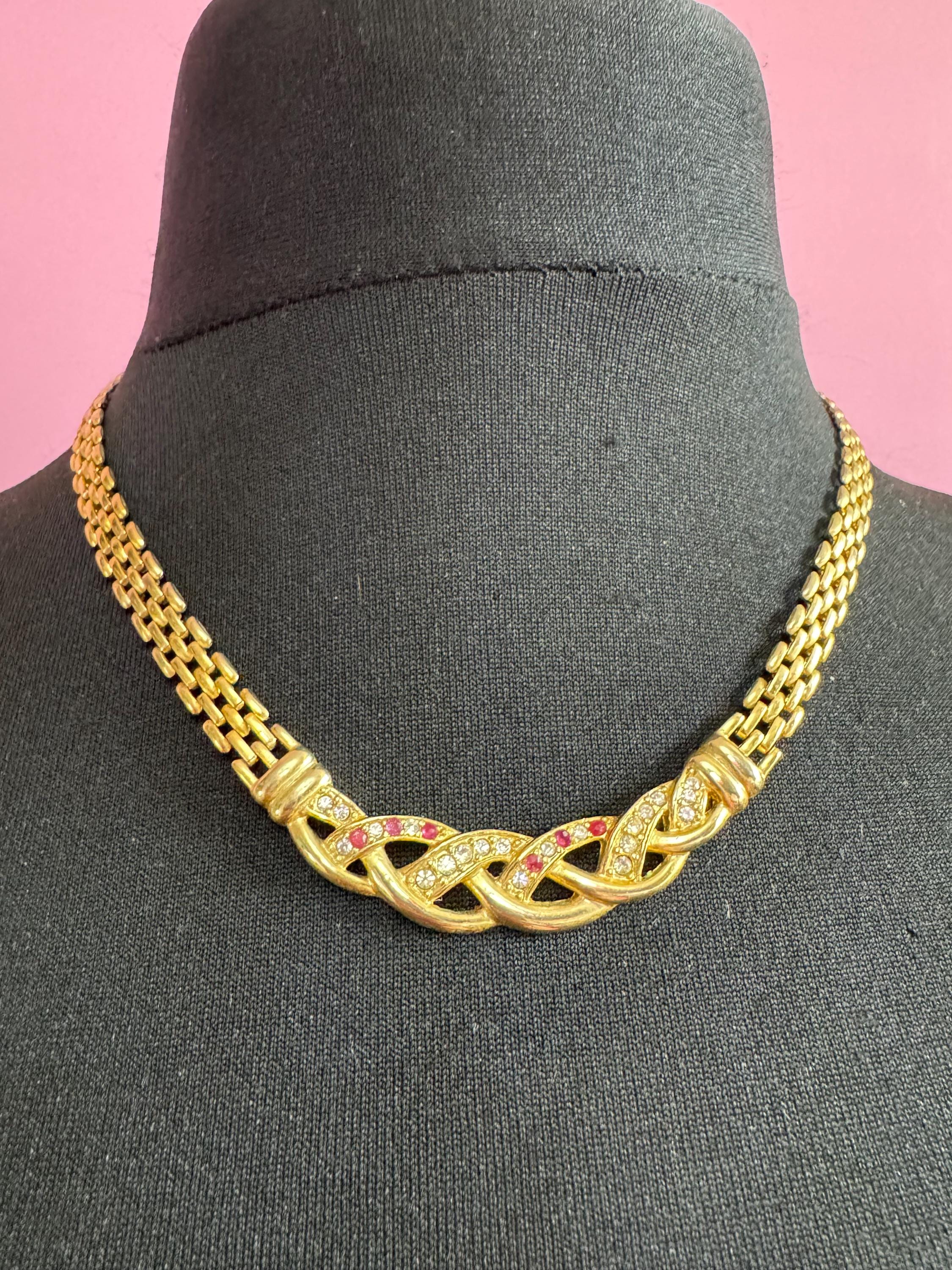 Retro 1980s slim panther link pink crystal diamanté gold tone choker necklace 47cm