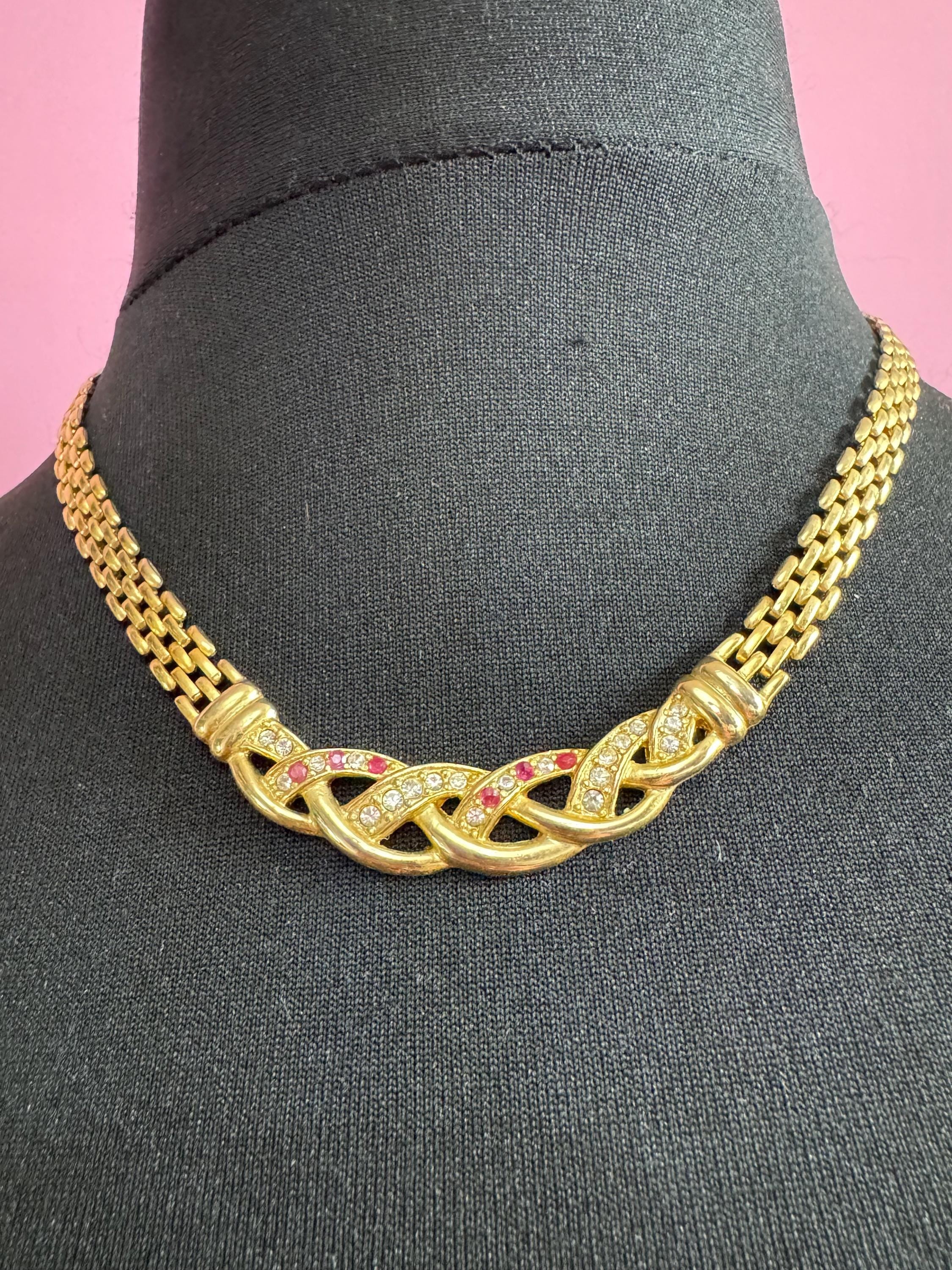 Retro 1980s slim panther link pink crystal diamanté gold tone choker necklace 47cm