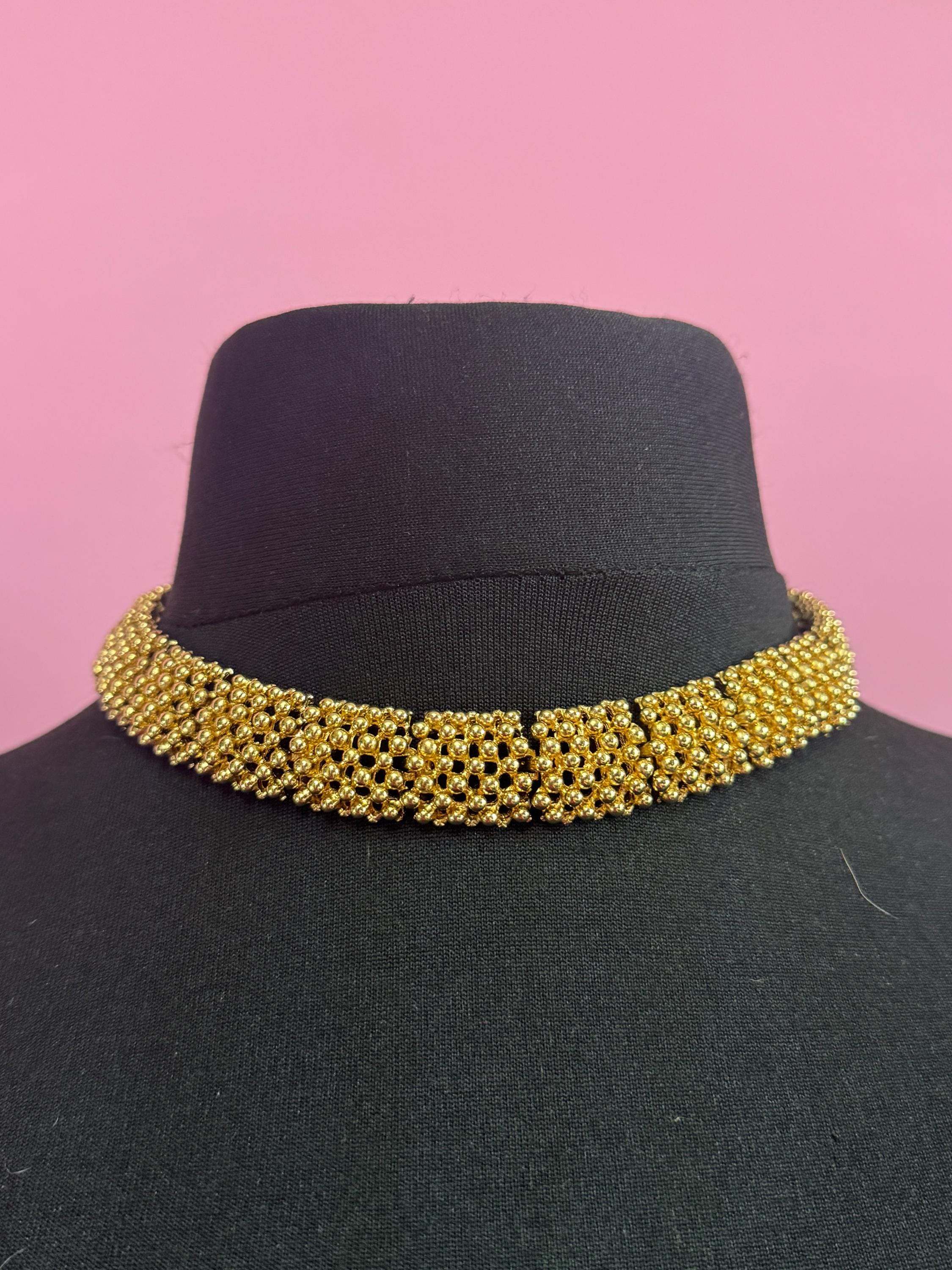 Vintage gold tone wide chunky ball bead chain link choker collar necklace 45cm