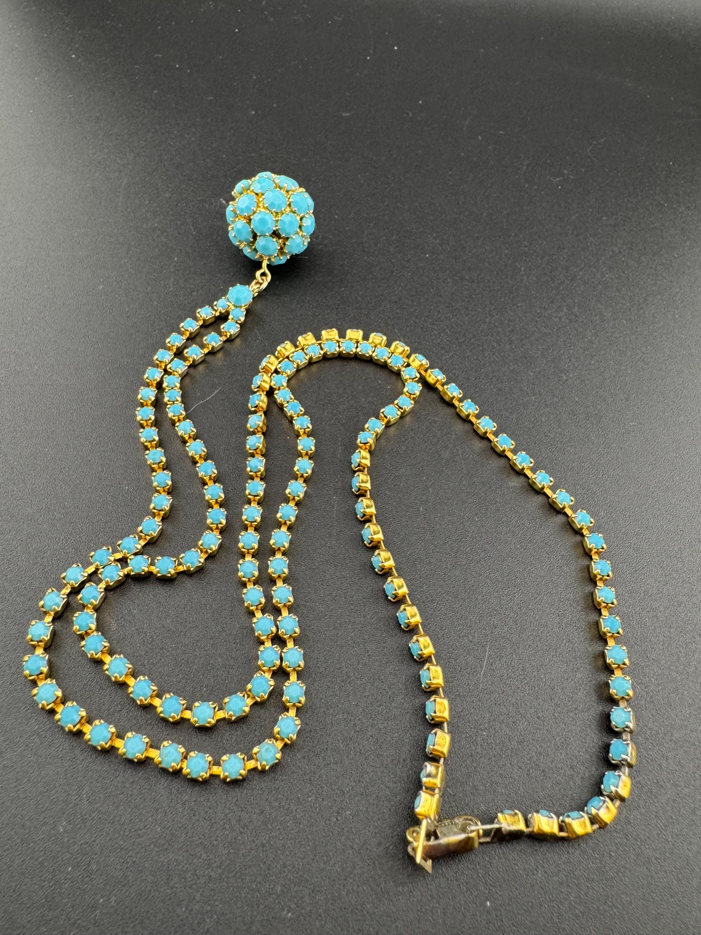 Vintage 1960s 1970s gold tone lariat drop necklace with turquoise glass paste ball pendant 75cm long