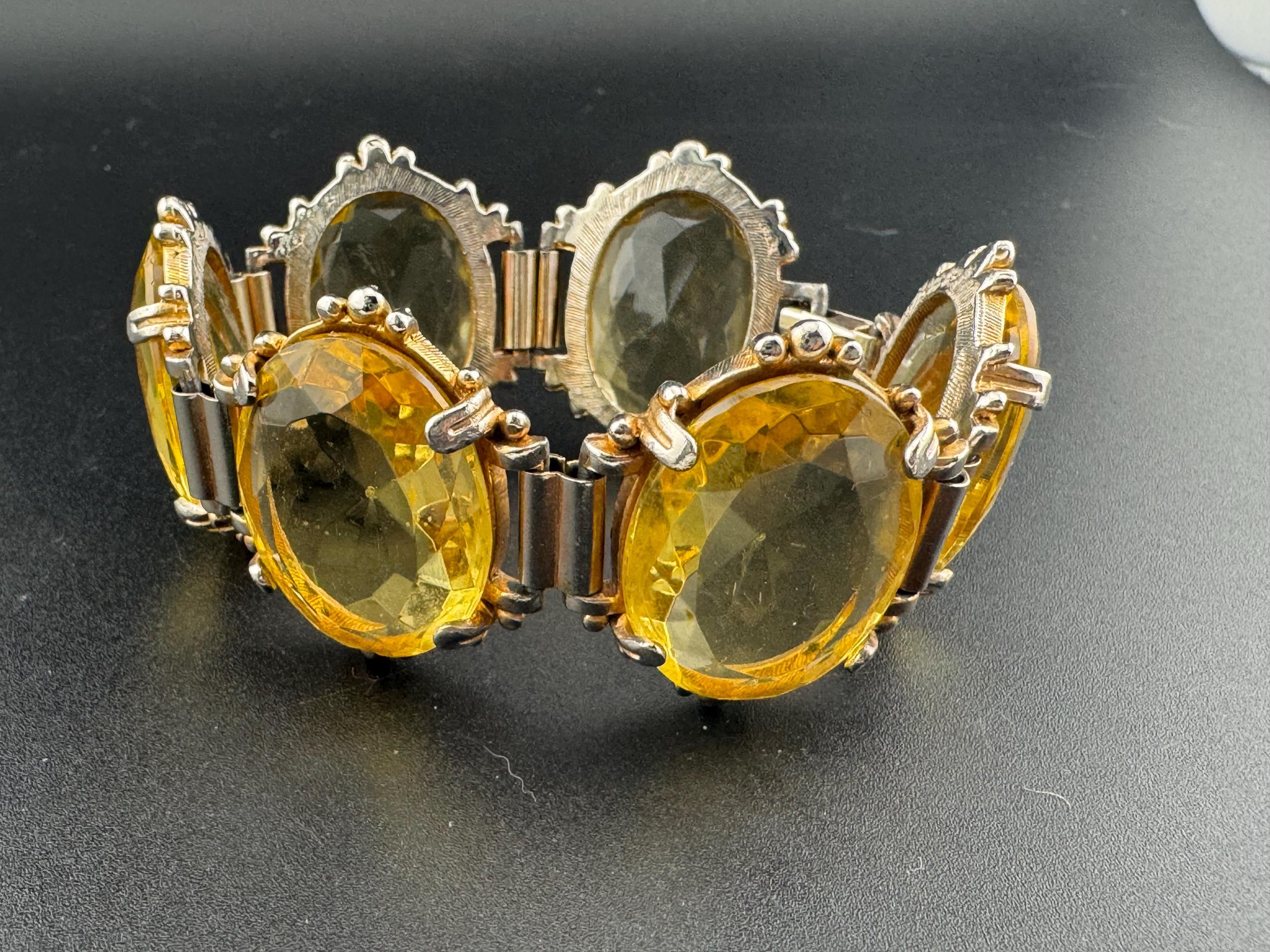 Vintage oversized Faceted citrine light brown Glass Cabochon Gold Tone chunky panel link cocktail bracelet 1950s 1960s MCM