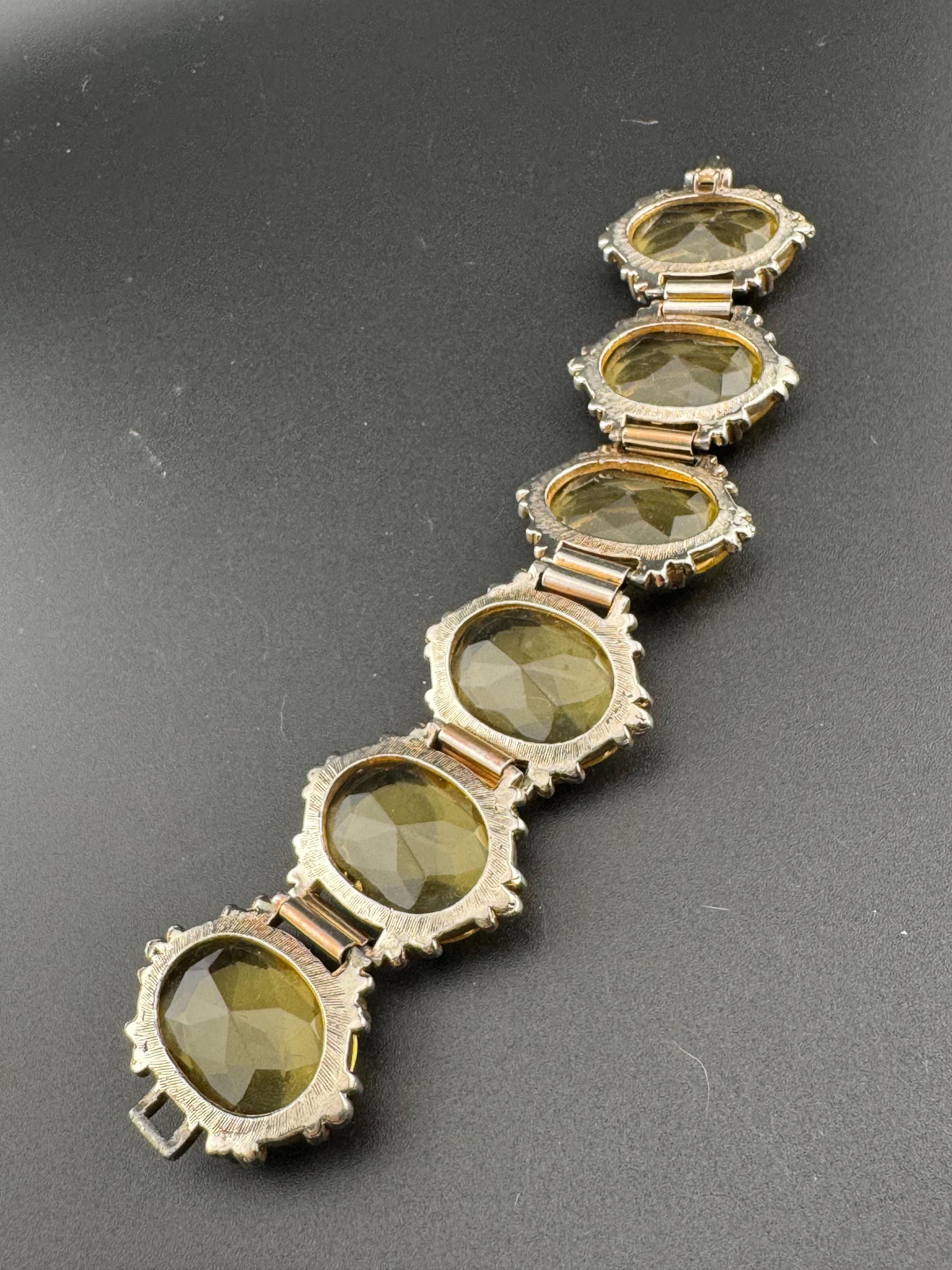 Vintage oversized Faceted citrine light brown Glass Cabochon Gold Tone chunky panel link cocktail bracelet 1950s 1960s MCM