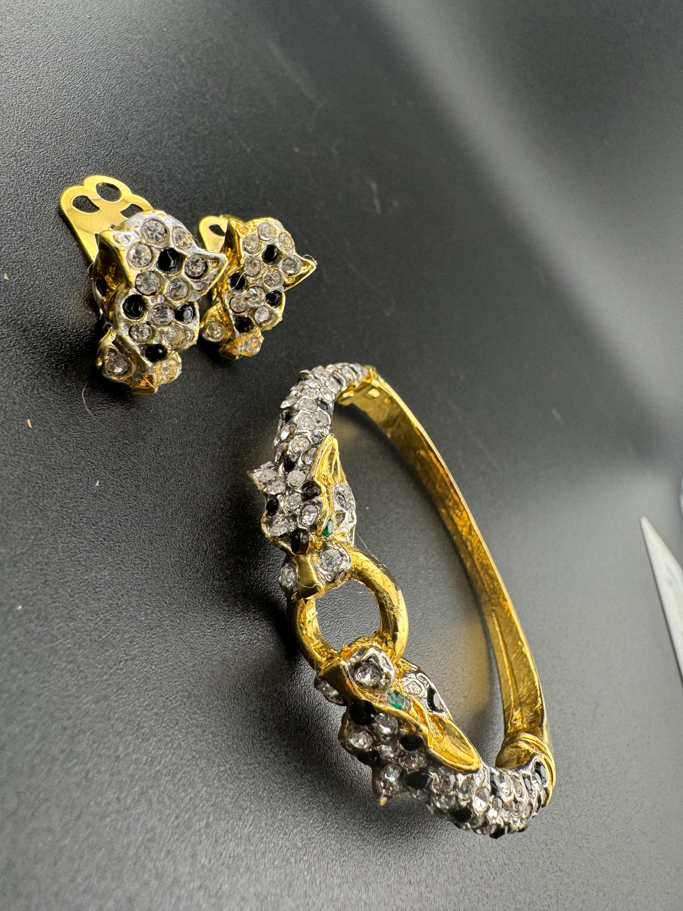 BIG CAT diamanté clamper bangle hinged rhinestone crystal bracelet and matching clip on earrings tiger panther gold tone 1980s vintage