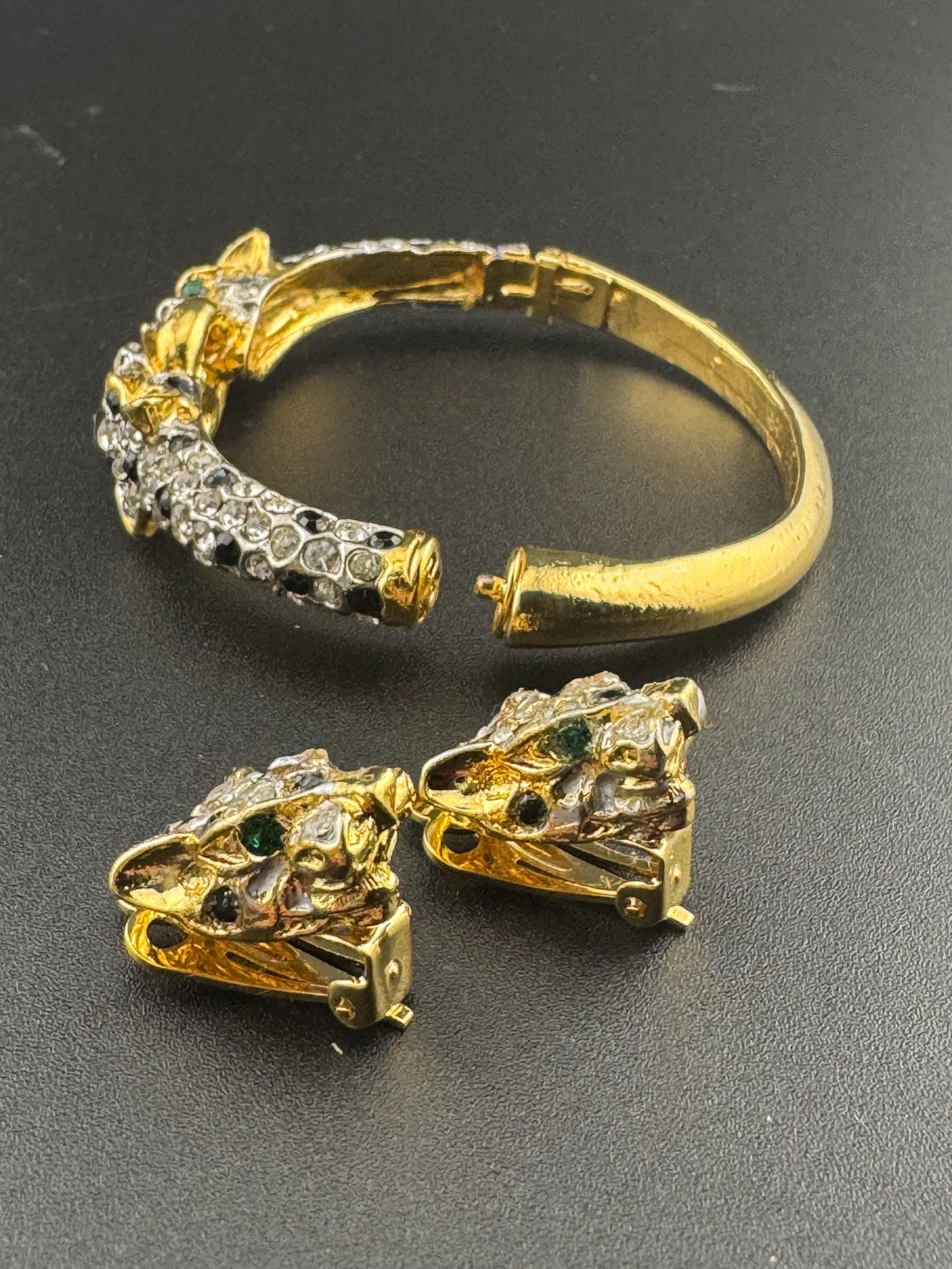 BIG CAT diamanté clamper bangle hinged rhinestone crystal bracelet and matching clip on earrings tiger panther gold tone 1980s vintage