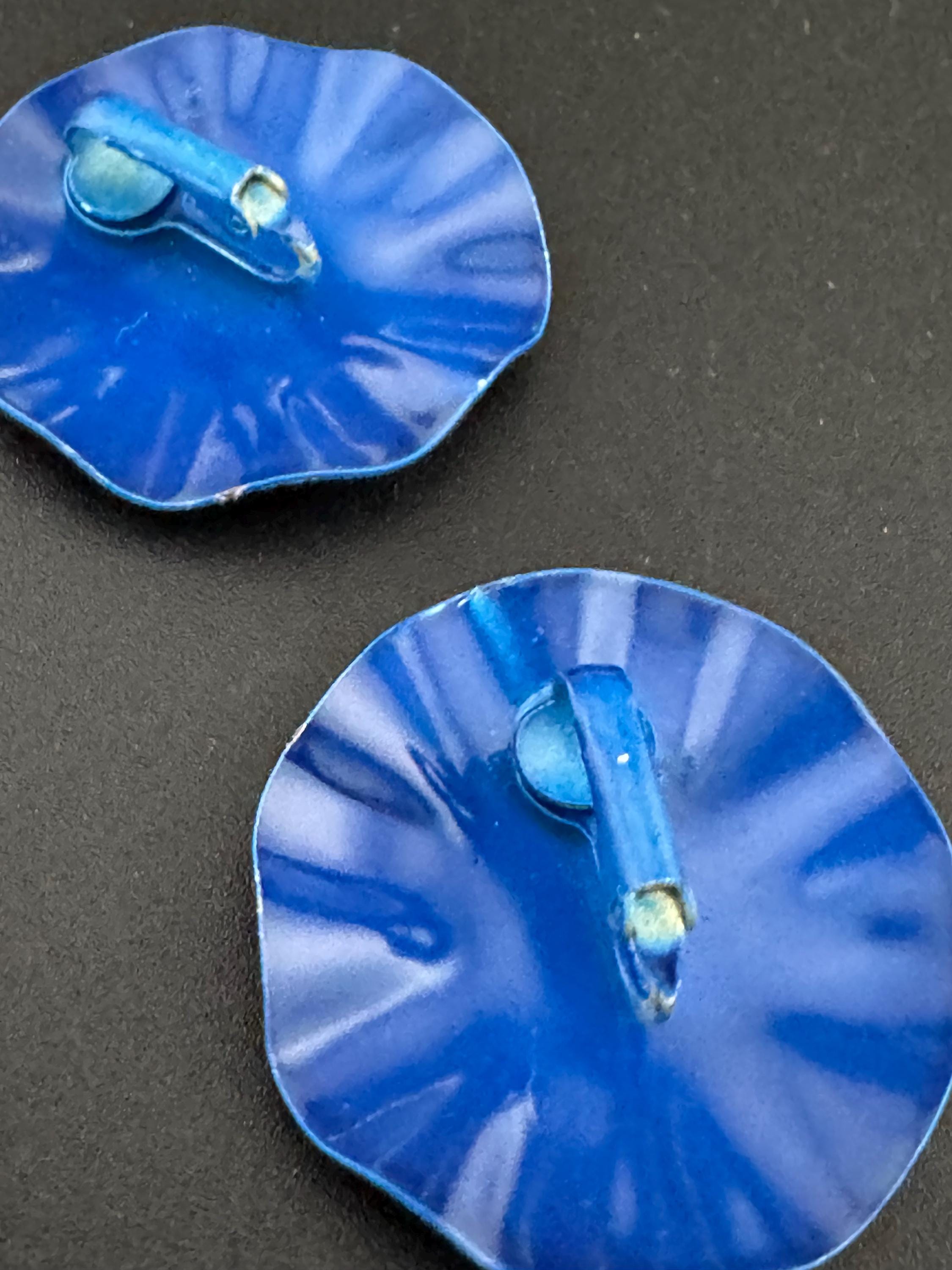 Vintage 80s blue enamel textured disc button clip on earrings old shop stock