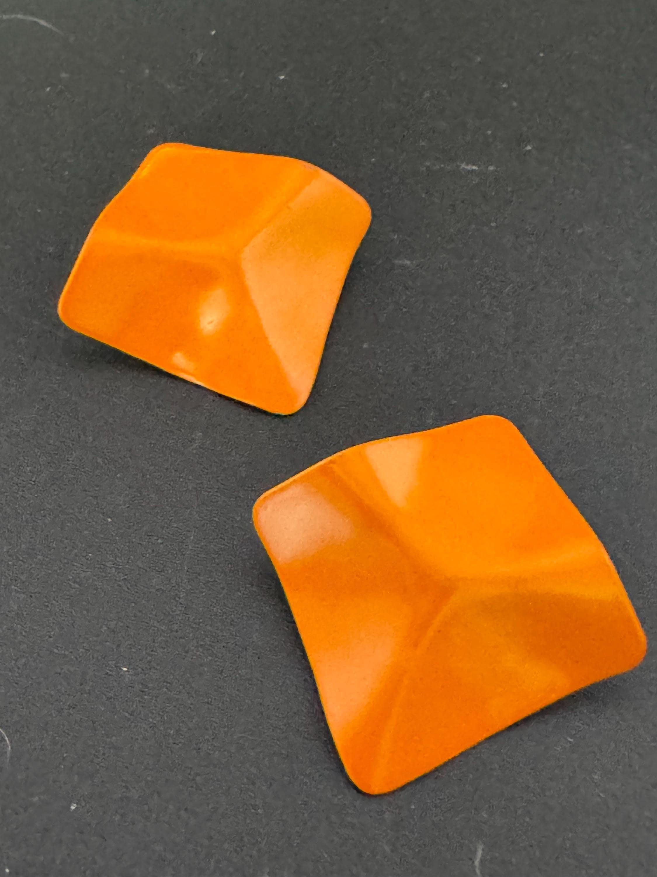 Vintage 80s bright orange enamel textured square clip on earrings old shop stock