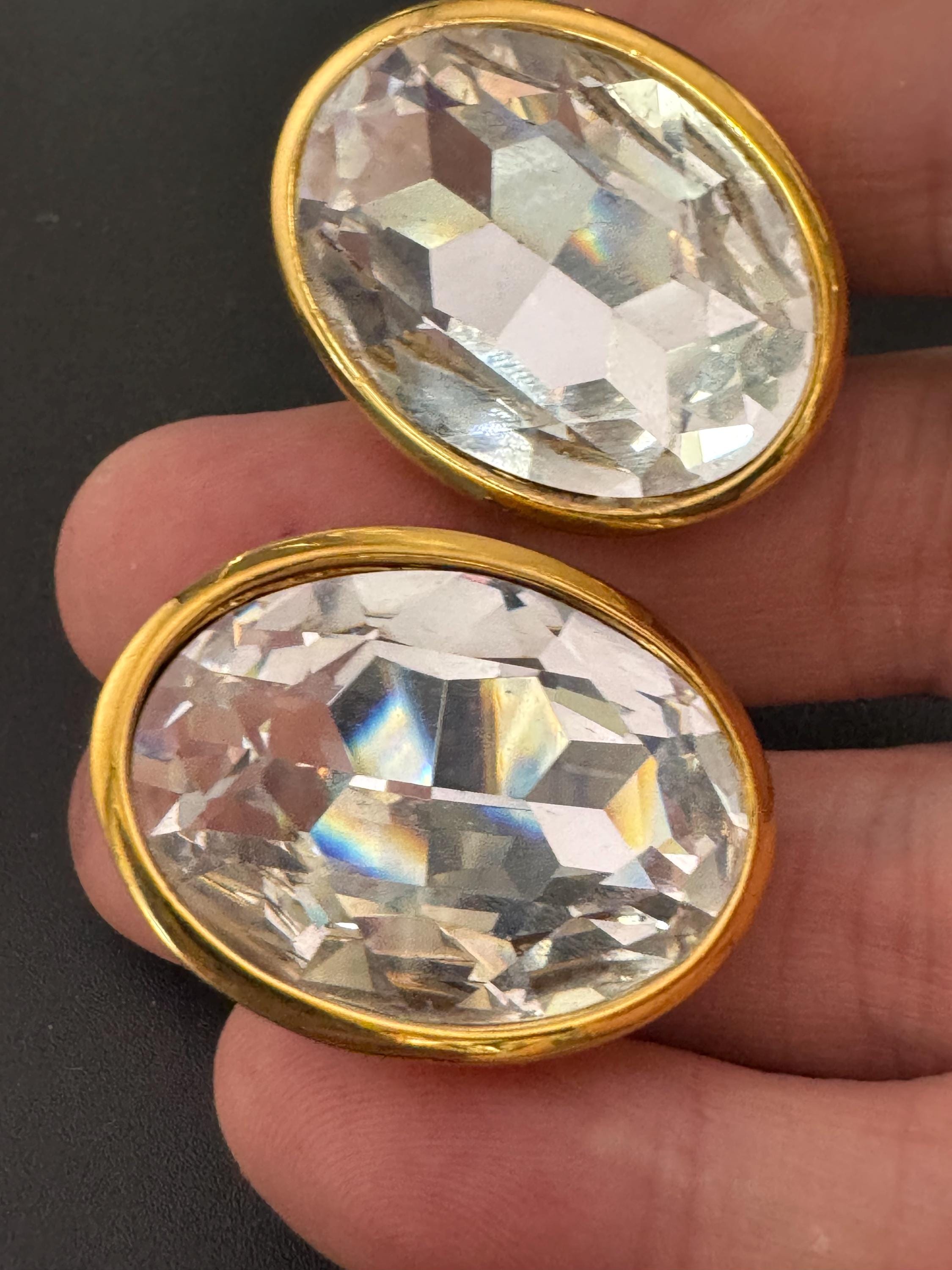 vintage oversized gold tone clear diamanté glass crystal oval earrings 3cm