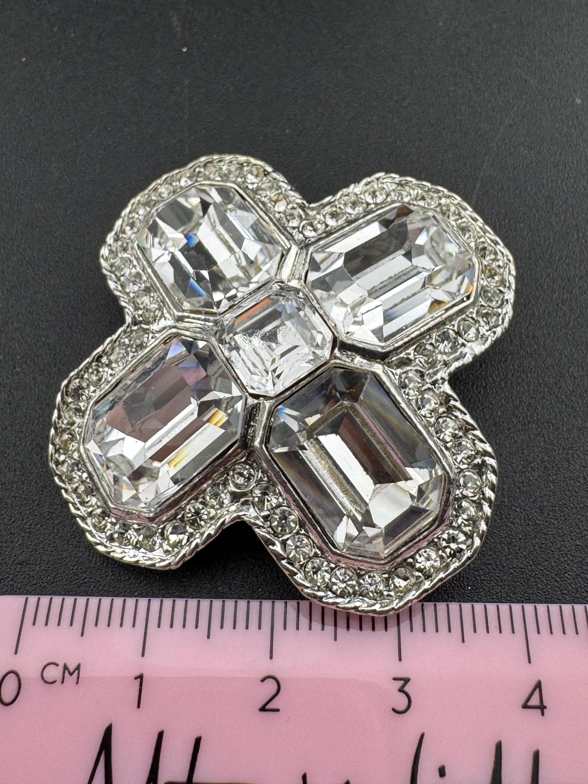 Vintage 1980s Swarovski silver tone crystal set clear diamanté octagonal clip on earrings with matching cross brooch