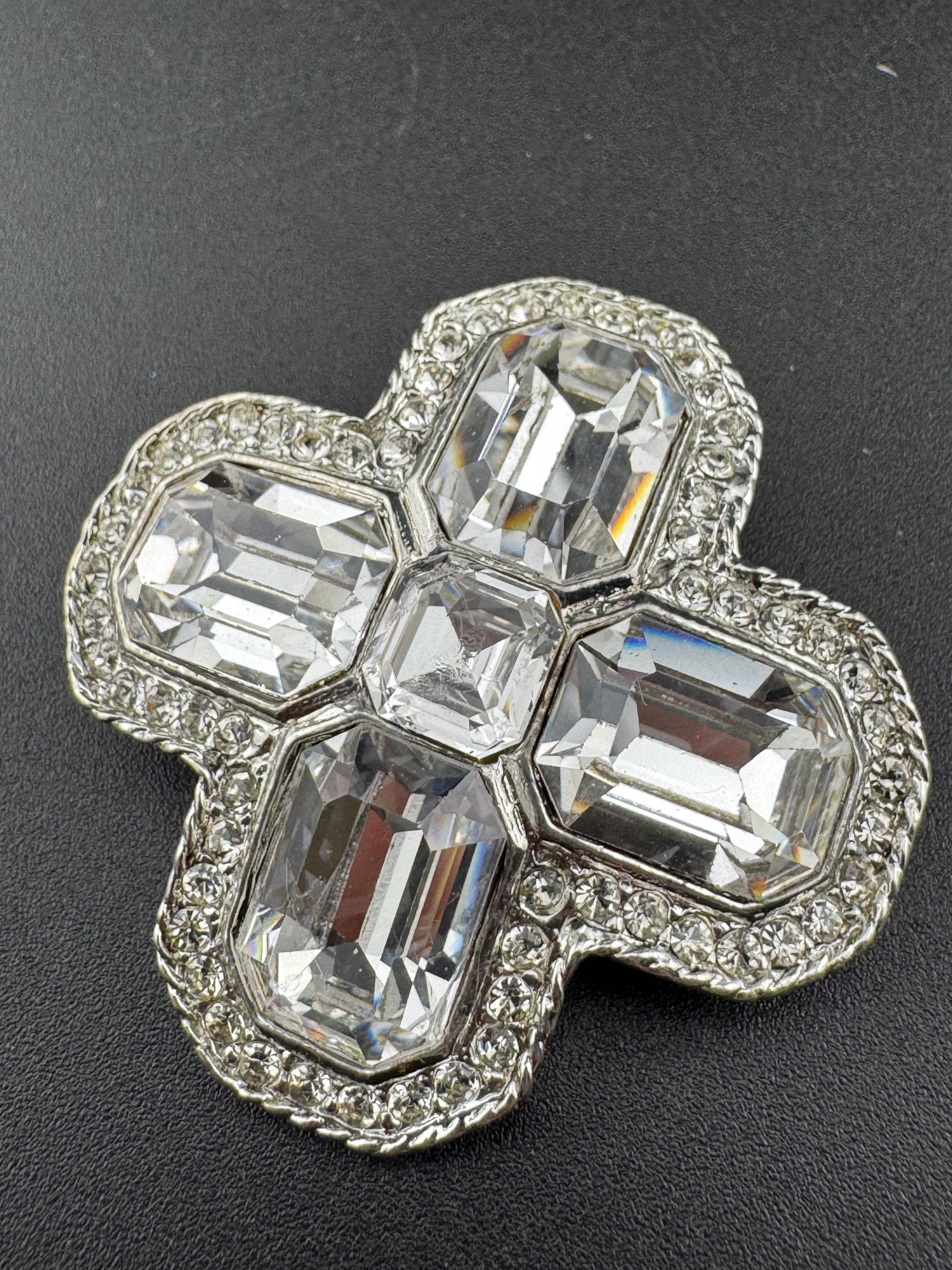 Vintage 1980s Swarovski silver tone crystal set clear diamanté octagonal clip on earrings with matching cross brooch