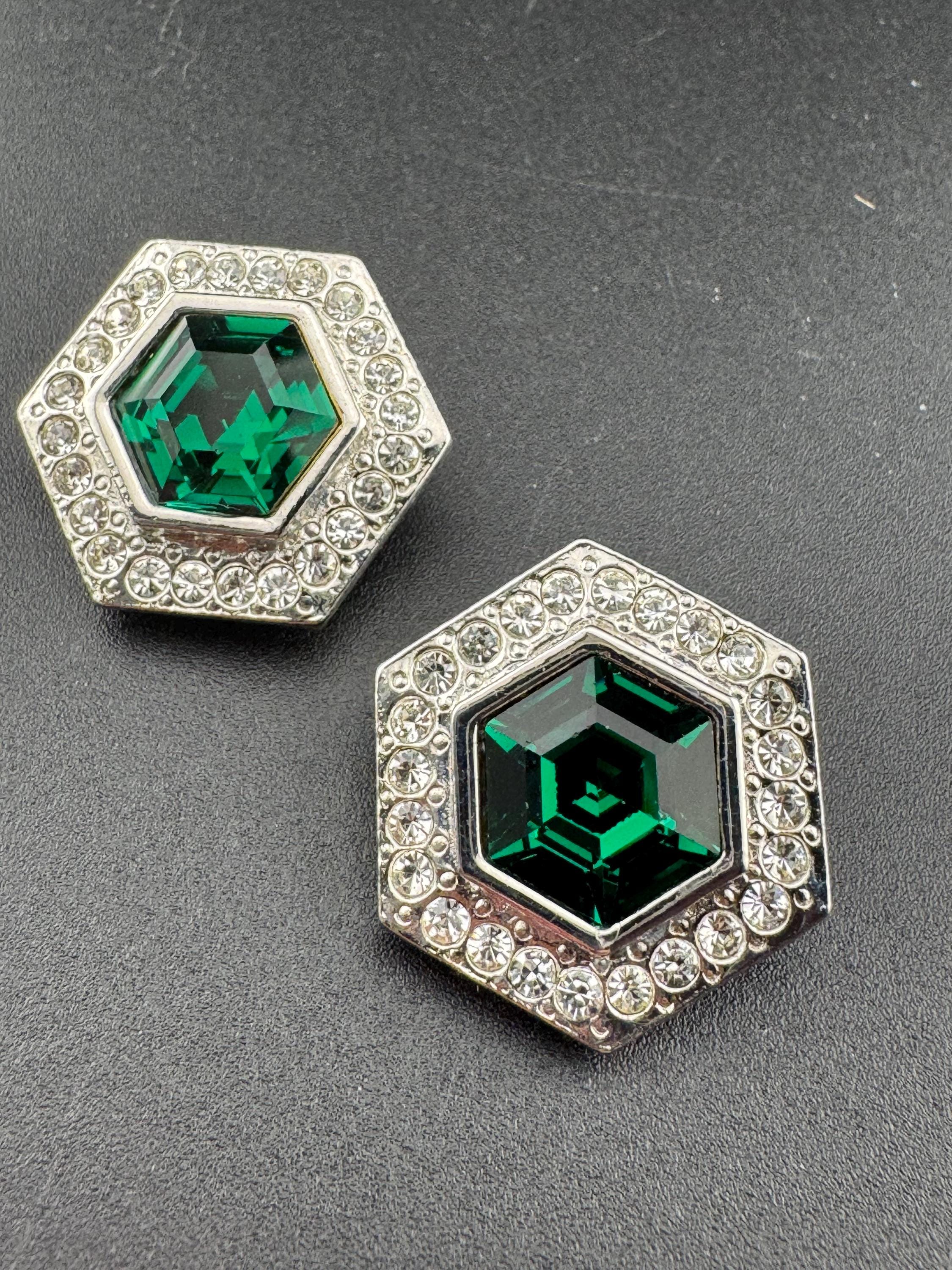 vintage silver tone emerald green and and clear Swarovski crystal hexagon earrings 1980s high end old shop stock