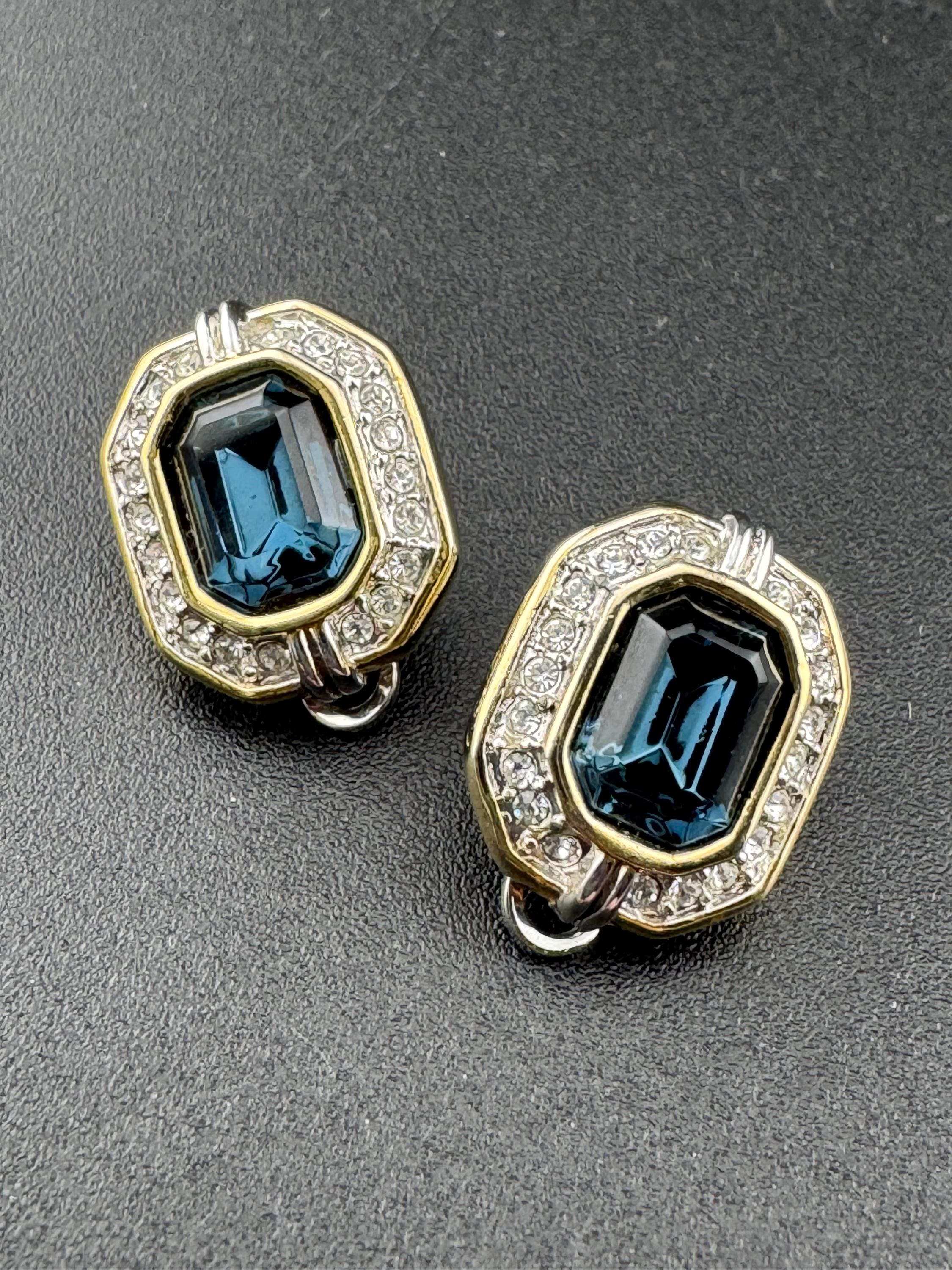 Signed BJ Beatrix Jewellery Vintage silver tone sapphire blue diamanté octagonal small earrings, clip on studs