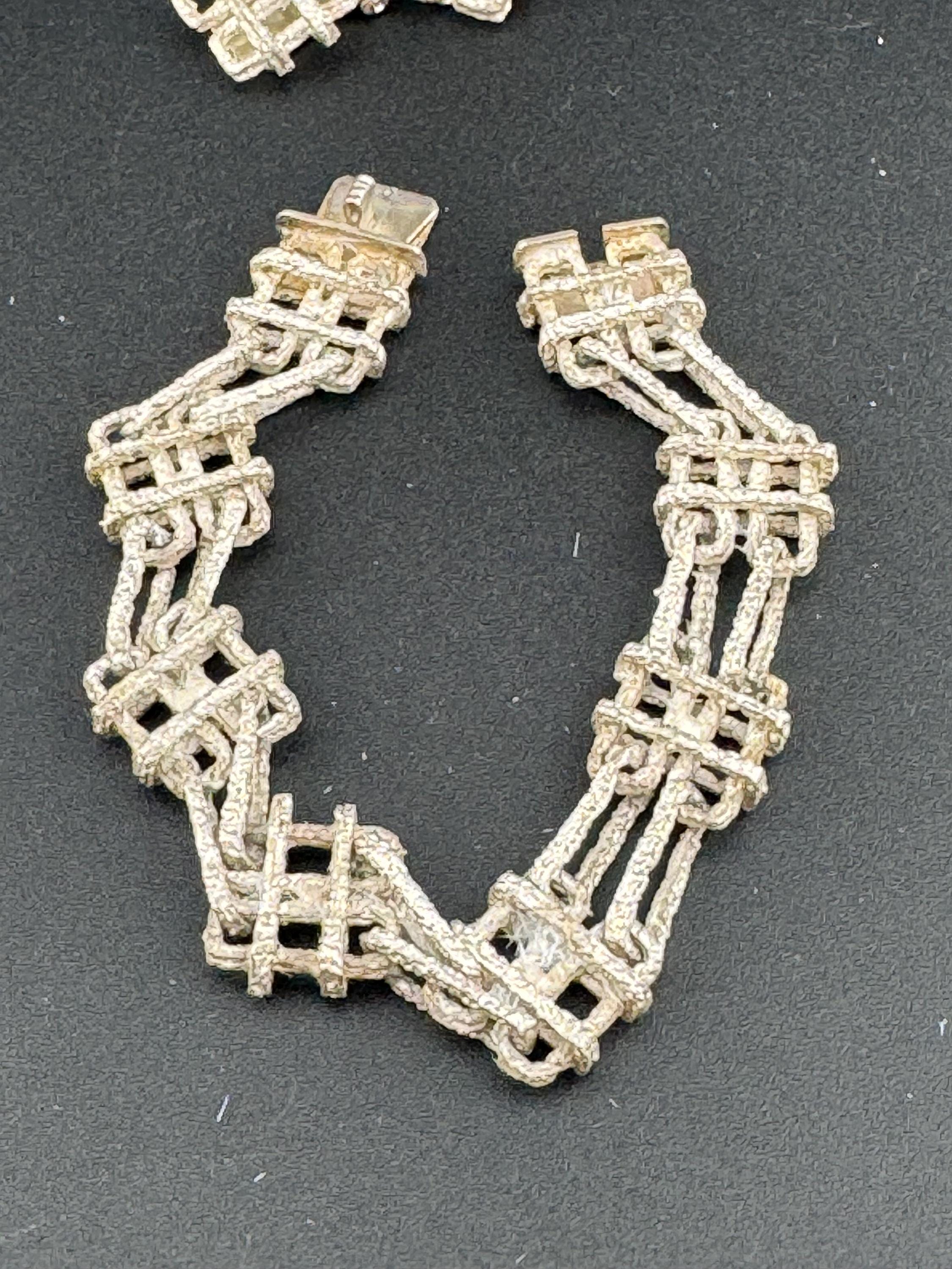 Vintage sterling silver tested rough cast textured modernist geometric BARK panel link  bracelet and clip on earrings