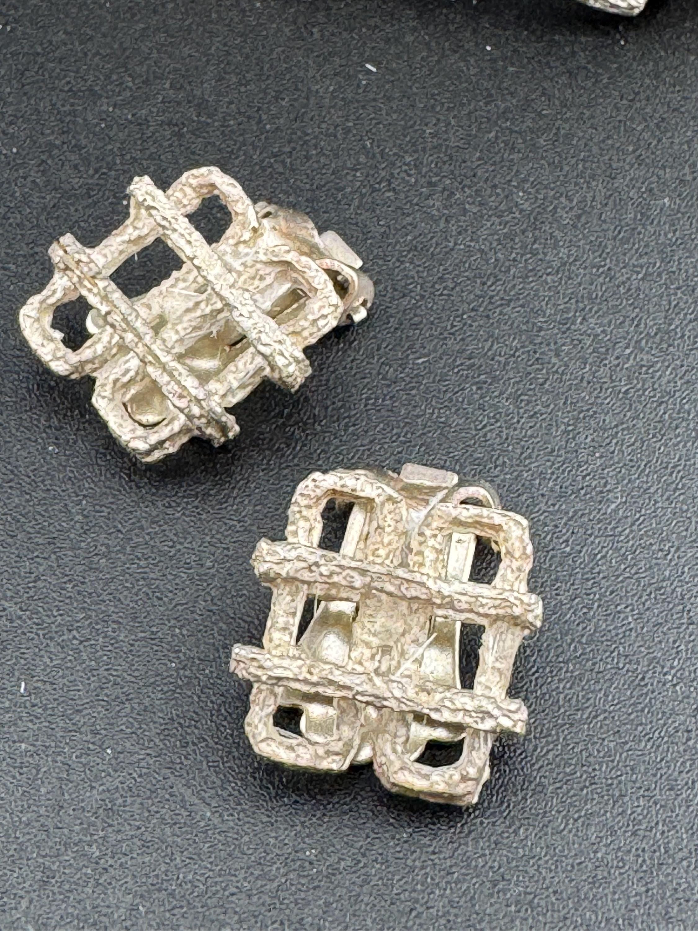 Vintage sterling silver tested rough cast textured modernist geometric BARK panel link  bracelet and clip on earrings