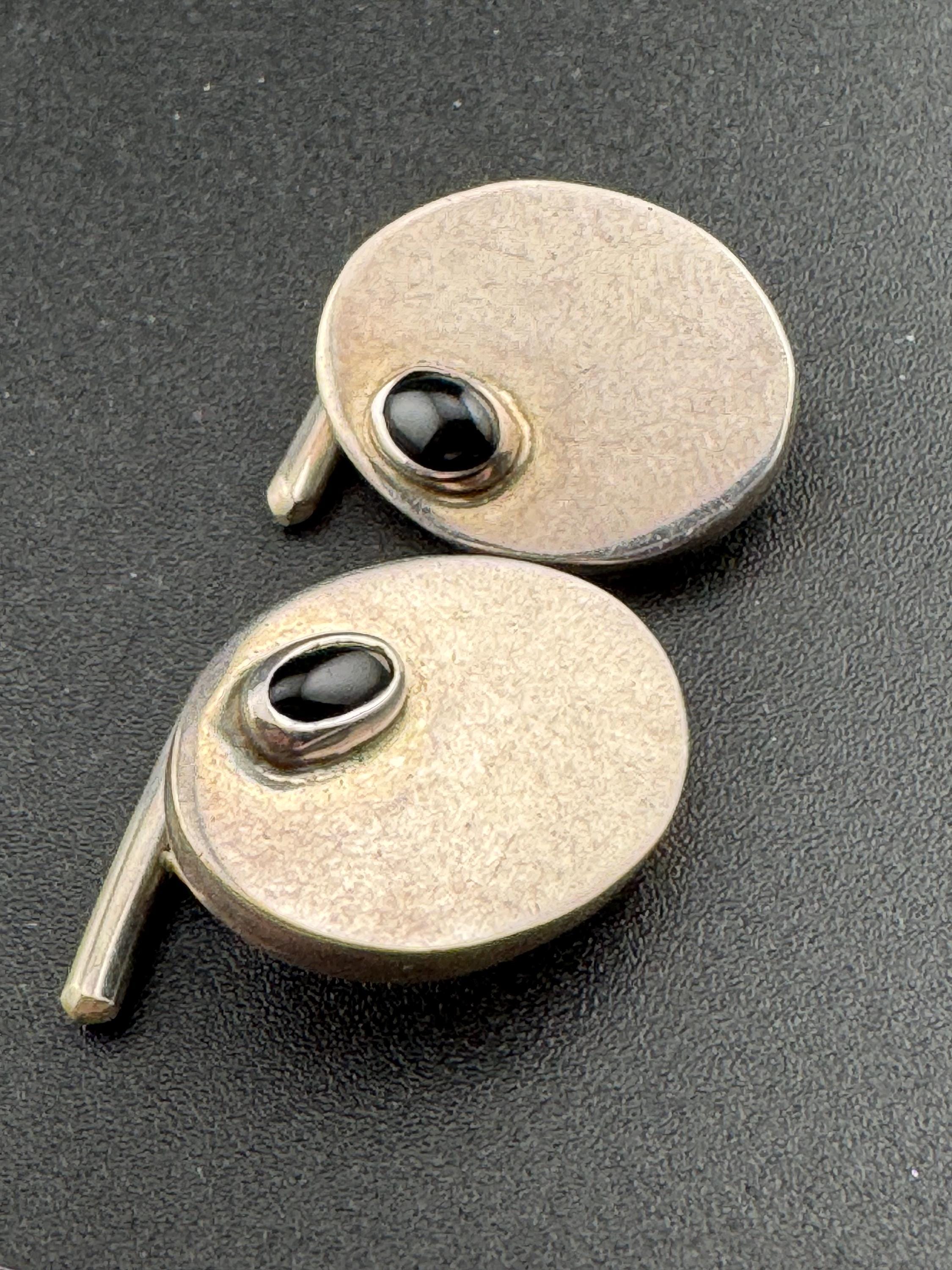 Vintage retro solid 925 sterling silver black cabochon set mens oval cufflinks