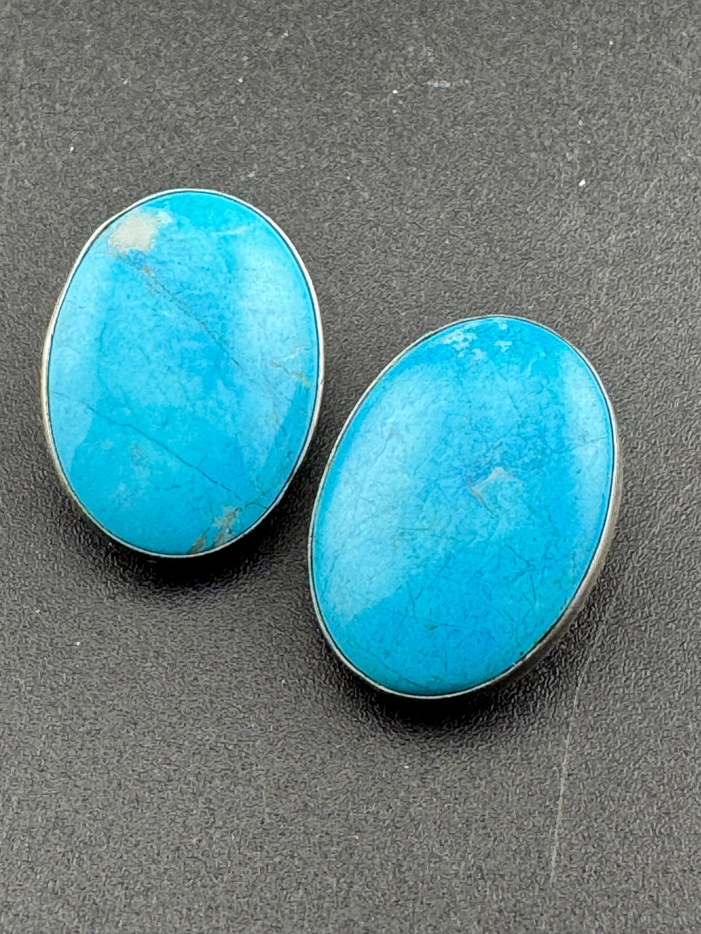 Vintage 925 modernist sterling silver oval turquoise gemstone clip on earrings 2.5cm