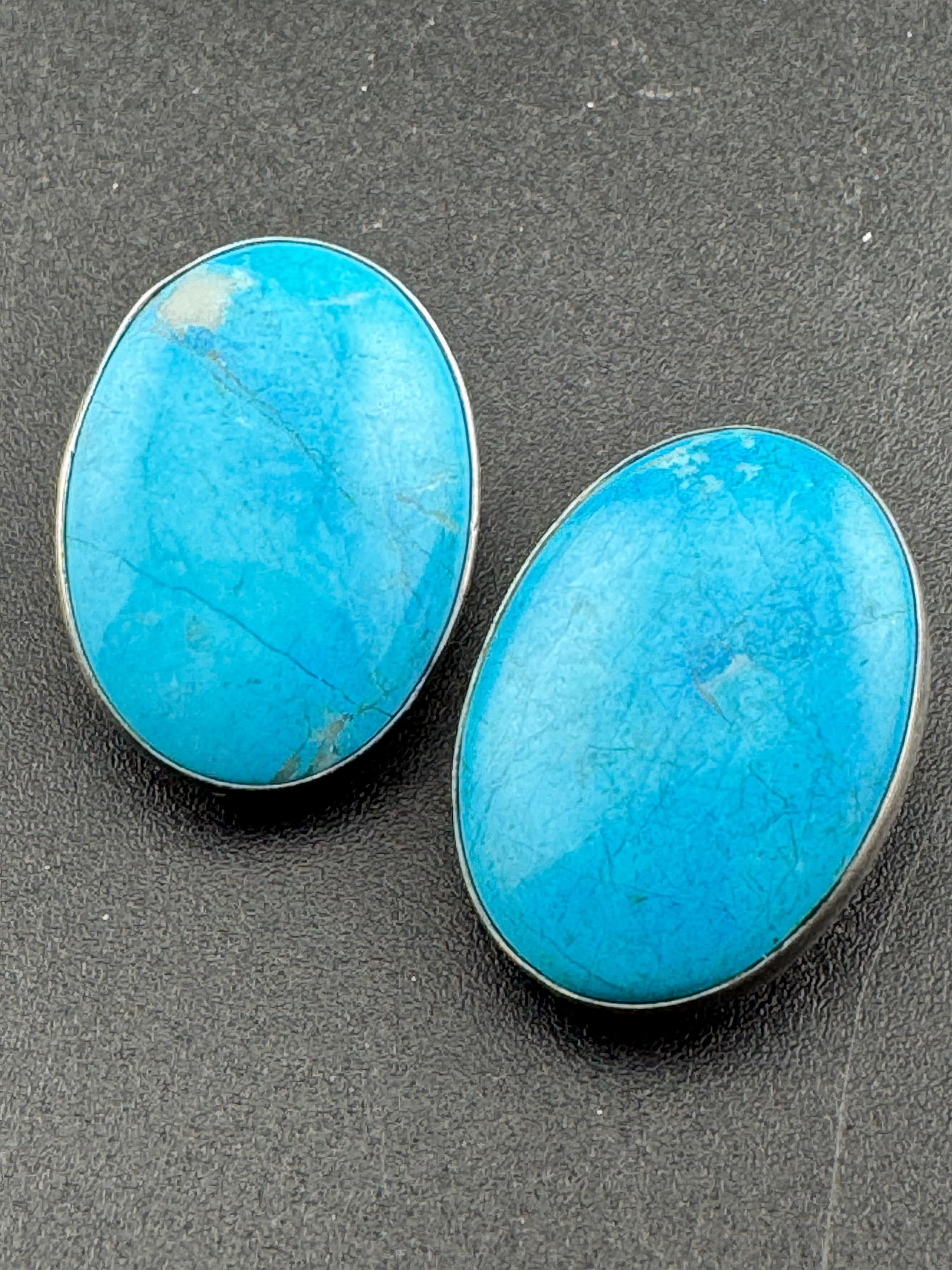 Vintage 925 modernist sterling silver oval turquoise gemstone clip on earrings 2.5cm