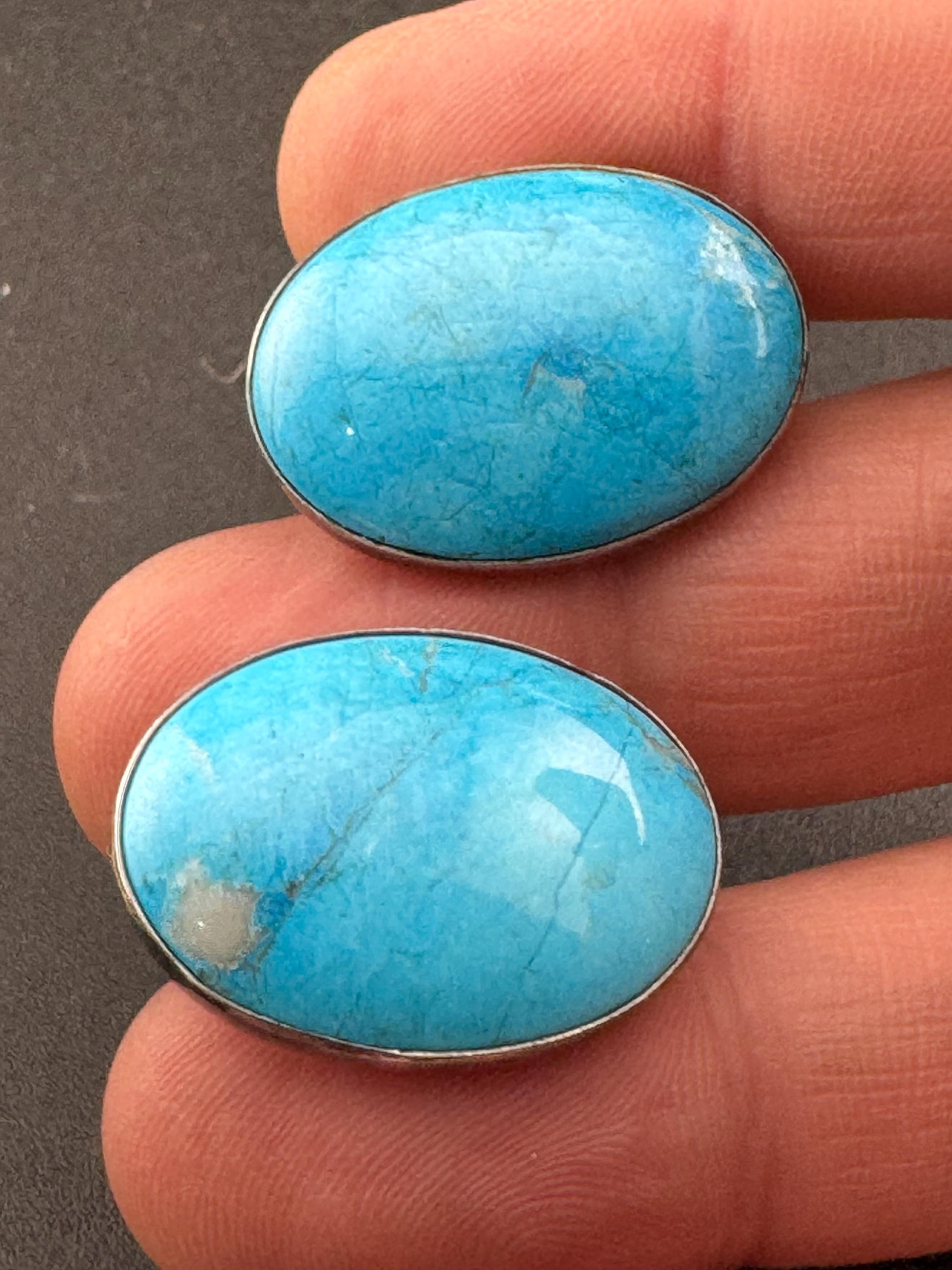 Vintage 925 modernist sterling silver oval turquoise gemstone clip on earrings 2.5cm