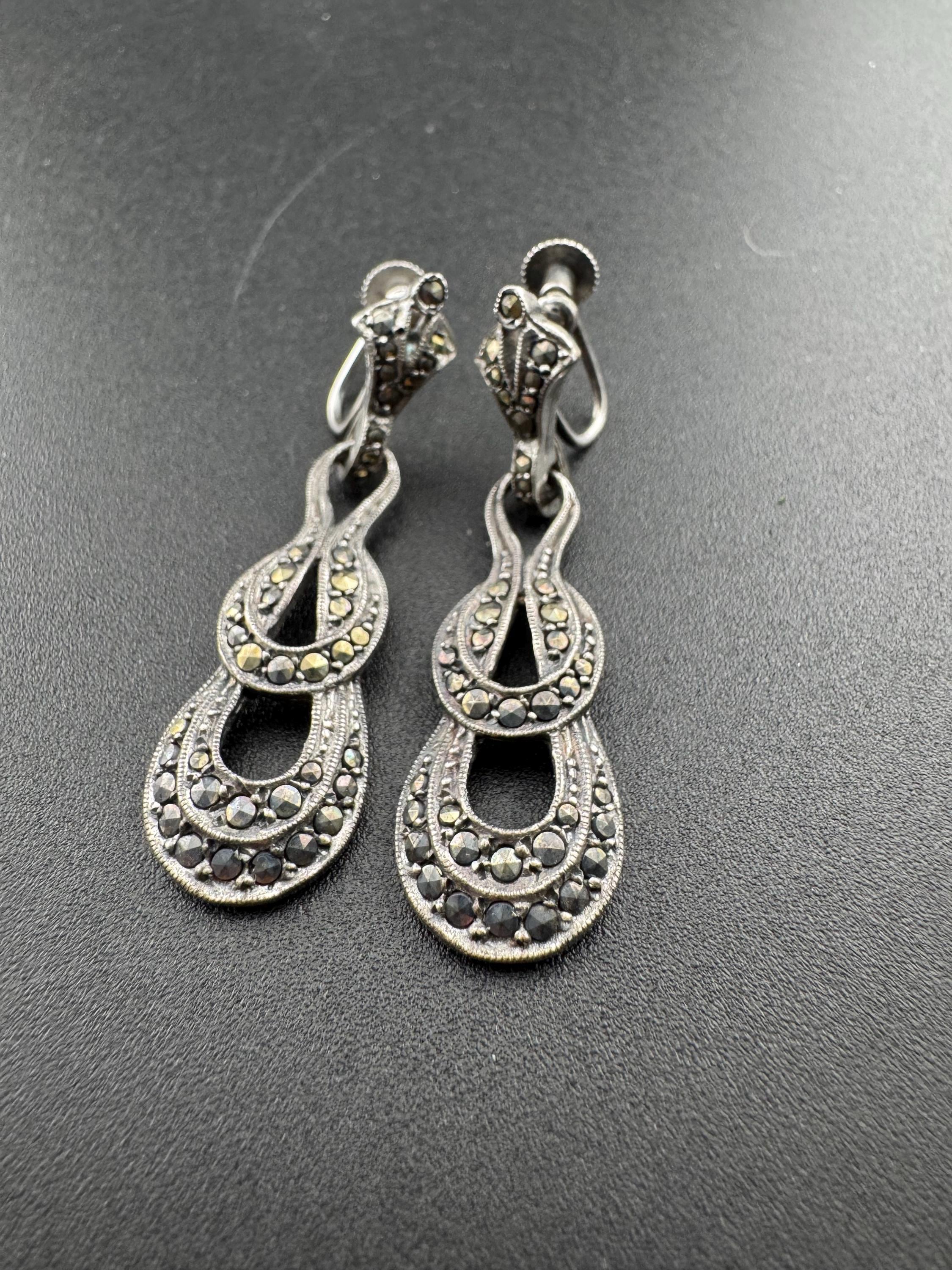 Antique Vintage Sterling 925 Silver Art Deco Marcasite Drop Clip on screw back Earrings