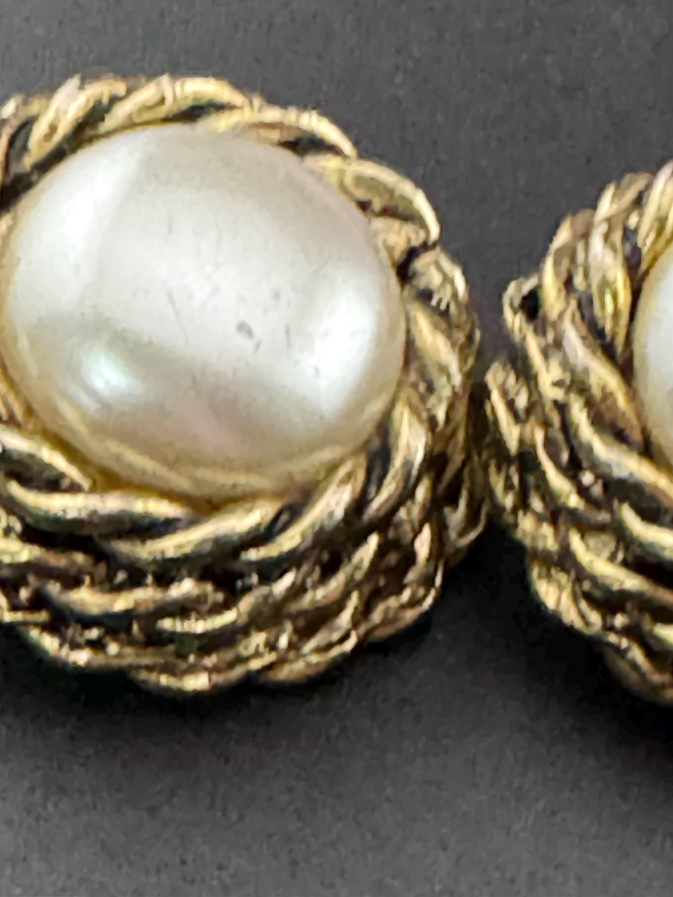 Signed DMJ Vintage gold tone ornate large round clip on faux pearl Stud button earrings 1980s