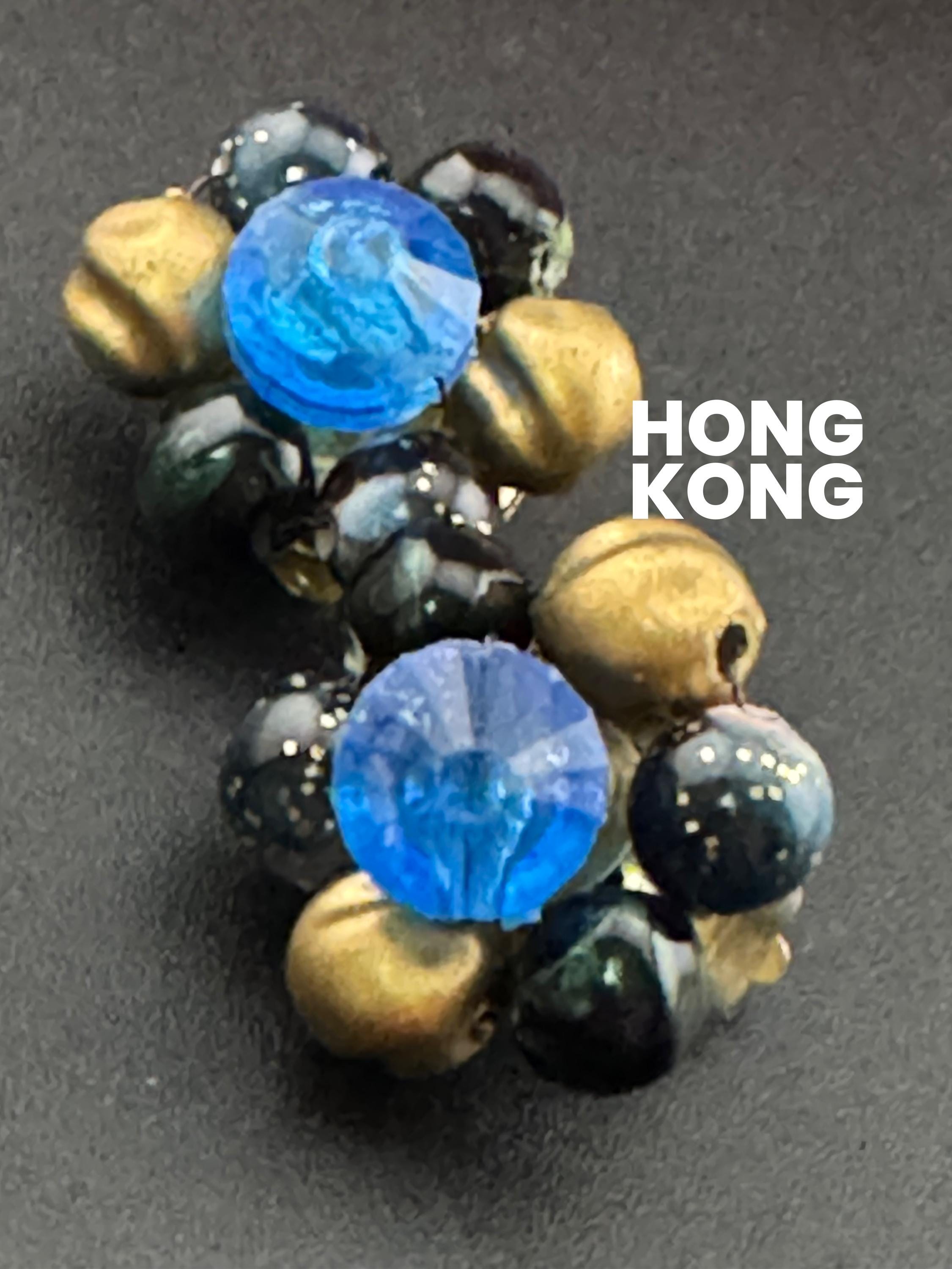 Signed Hong Kong Vintage 1940s 1950s black and blue beaded gold tone Cluster Clip On Earrings