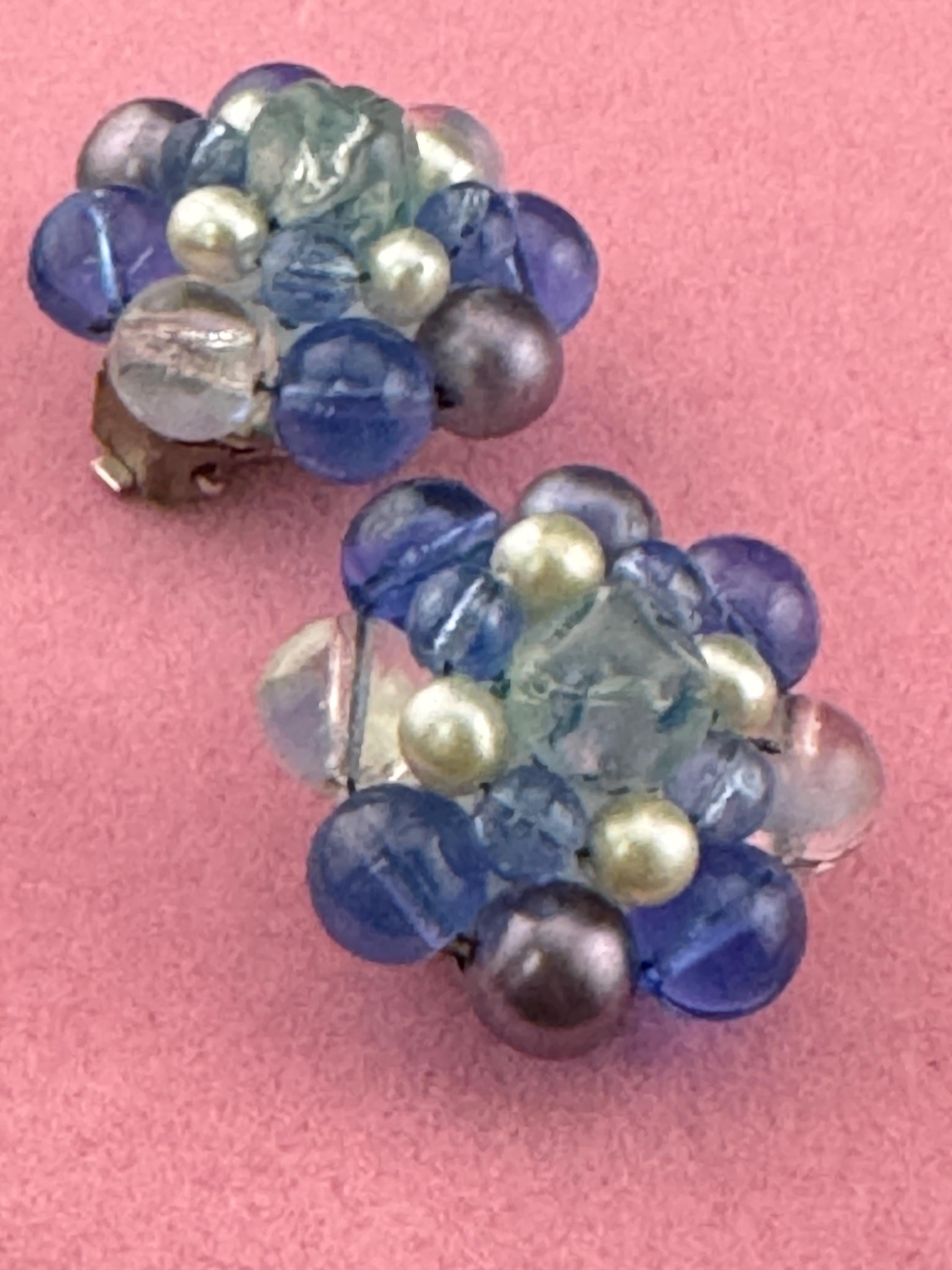 Signed Germany blue clear glass beaded Cluster Clip On Earrings Vintage 1960s