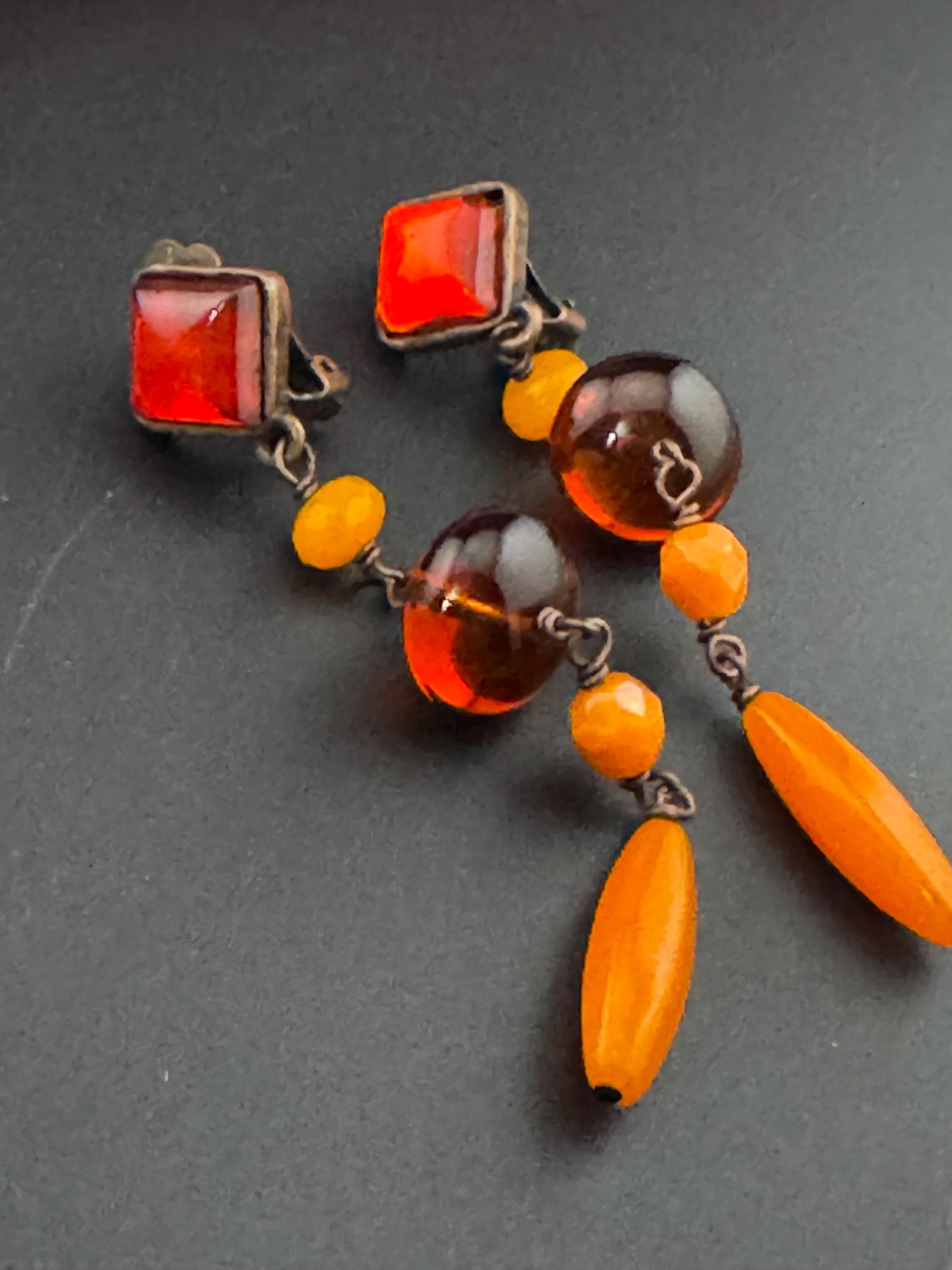 Signed Cecile Jeanne Paris Vintage antique dark Gold Tone orange glass beaded dangly clip on earrings, vintage French