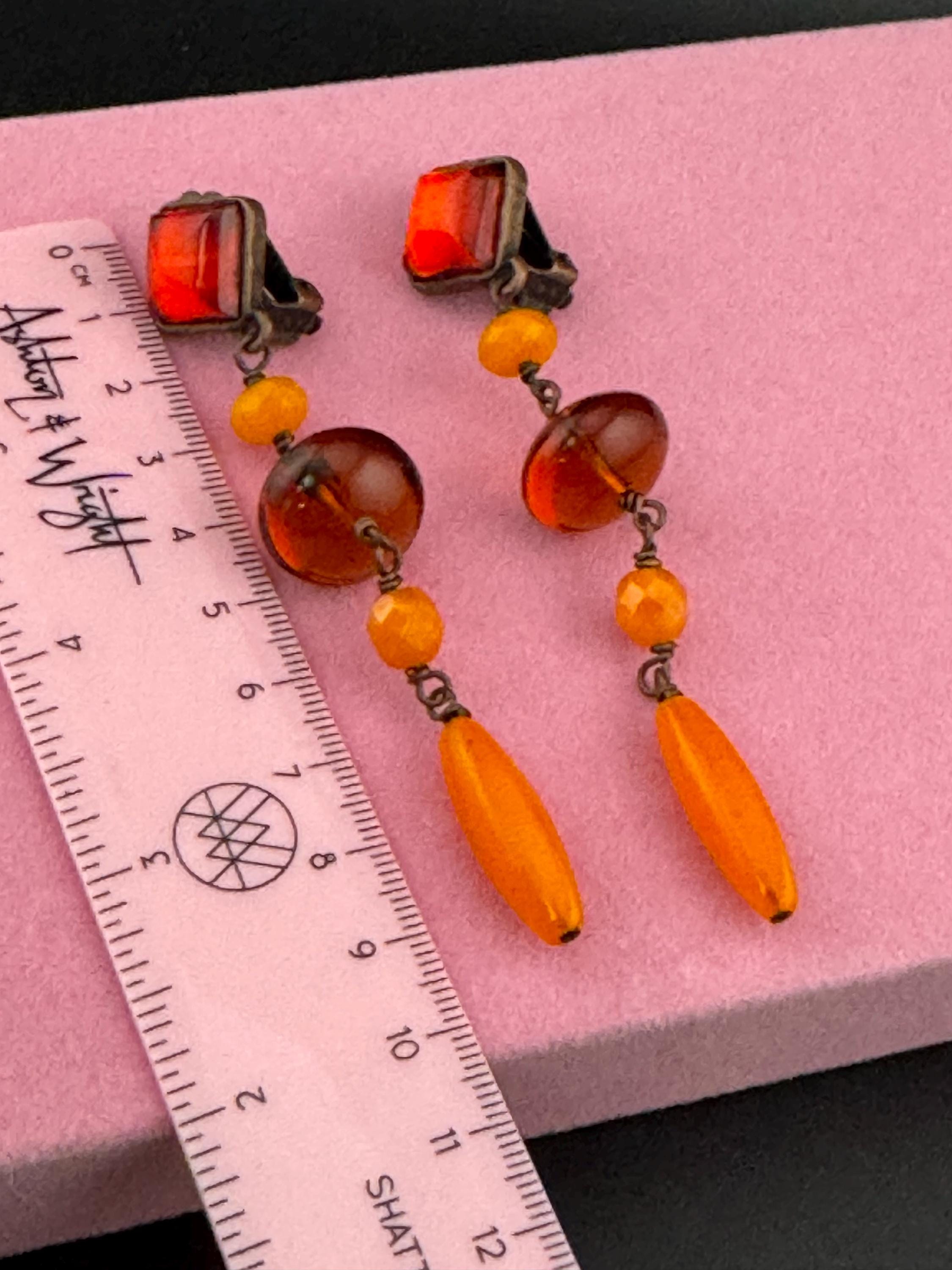 Signed Cecile Jeanne Paris Vintage antique dark Gold Tone orange glass beaded dangly clip on earrings, vintage French