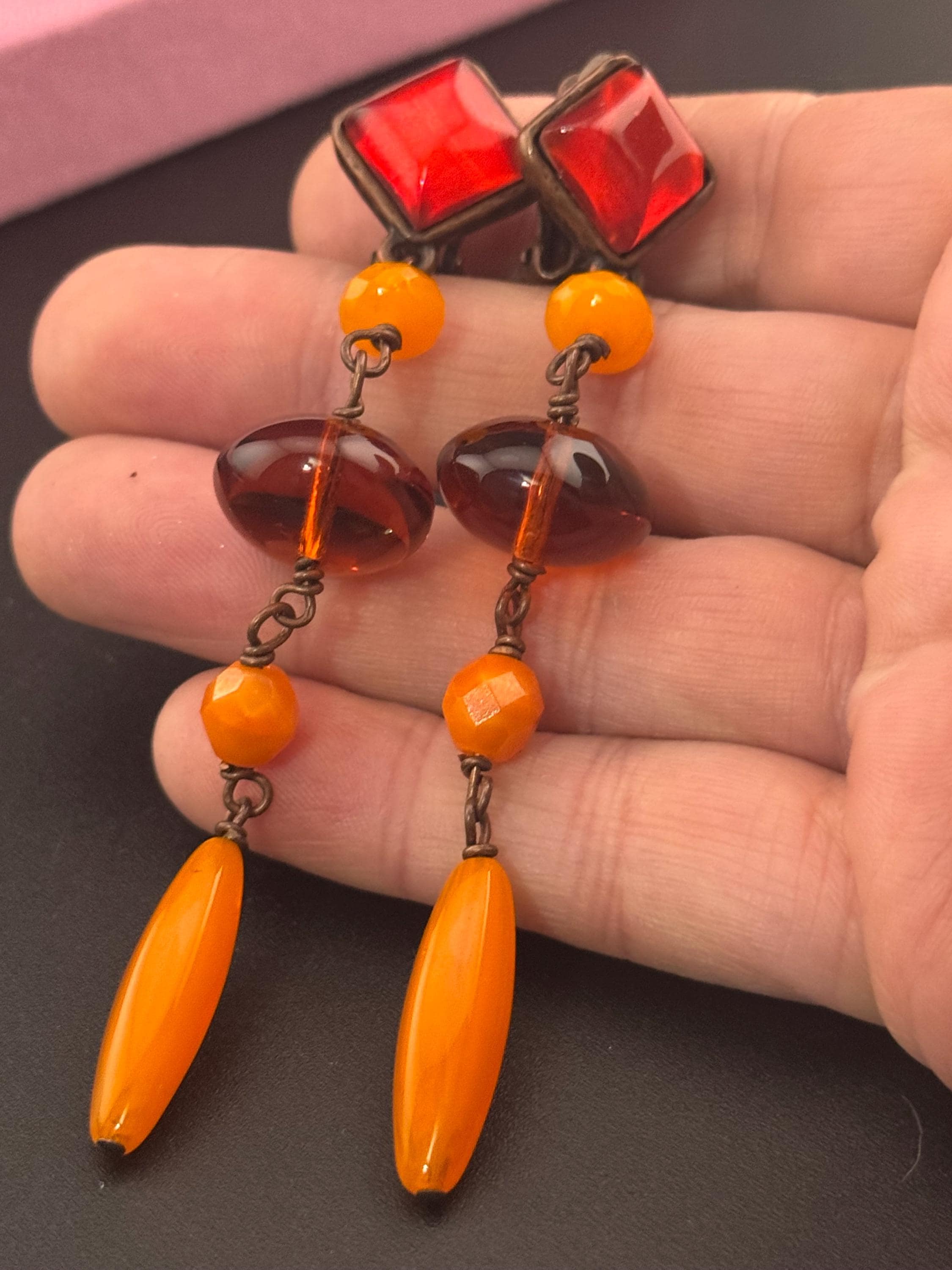 Signed Cecile Jeanne Paris Vintage antique dark Gold Tone orange glass beaded dangly clip on earrings, vintage French