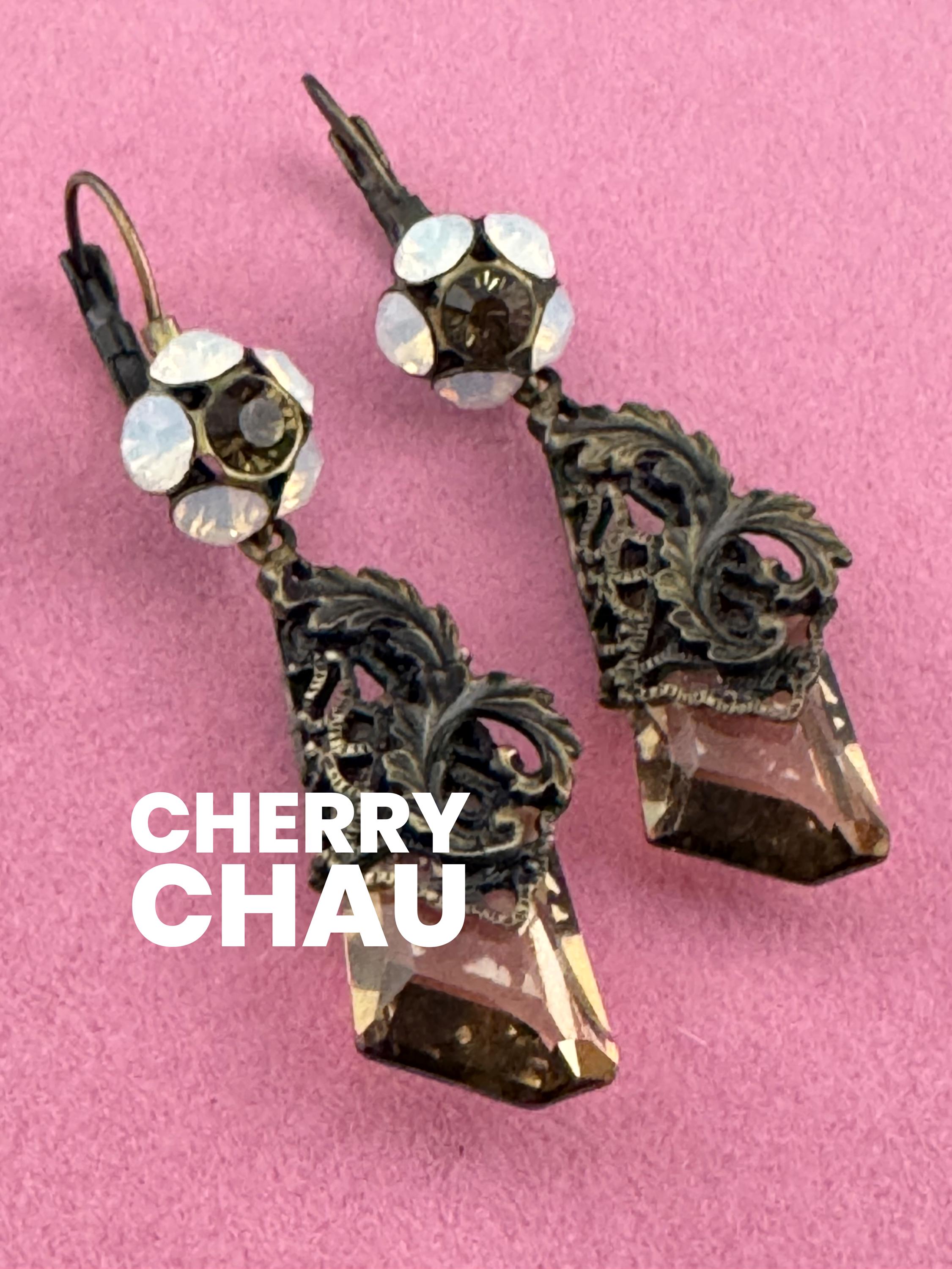 Signed Cherry Chau Paris Vintage antique dark Gold Tone crystal dangly clip on earrings,  French