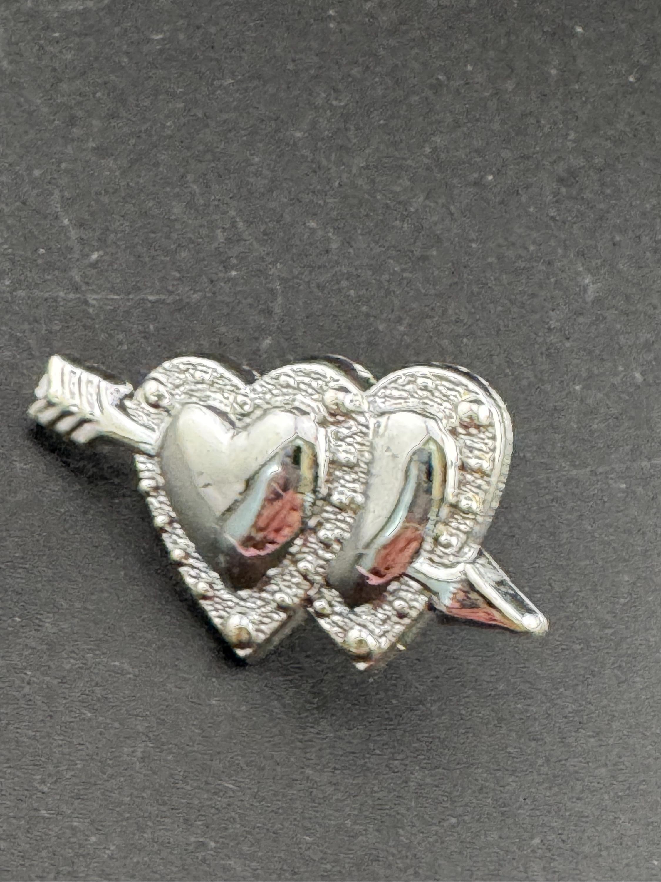 Vintage plastic two love hearts wedding engagement cake decorations toppers silver tone