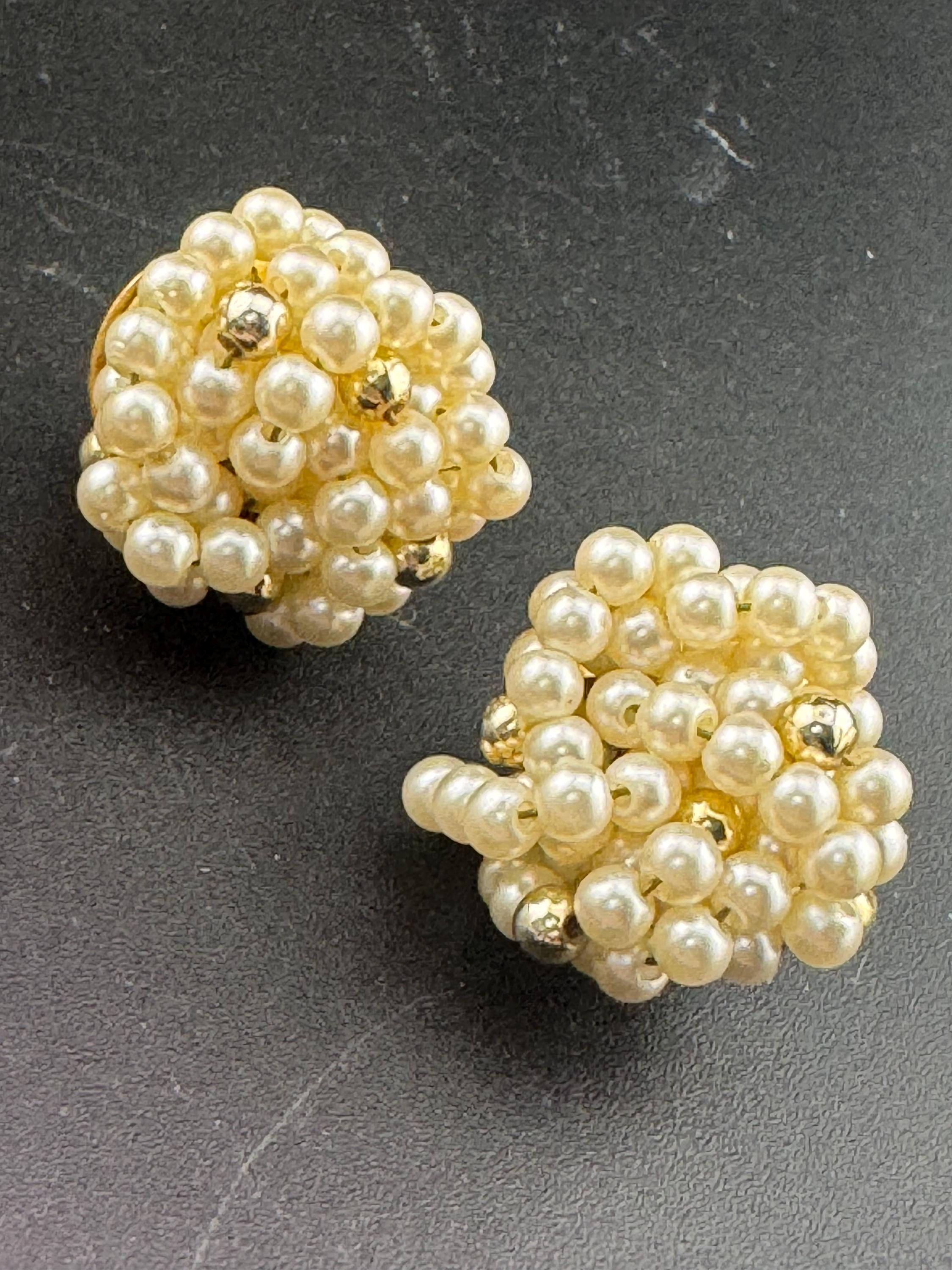 Vintage gold and cream glass seed beaded KNOT Cluster turban earrings studs clip on Earrings