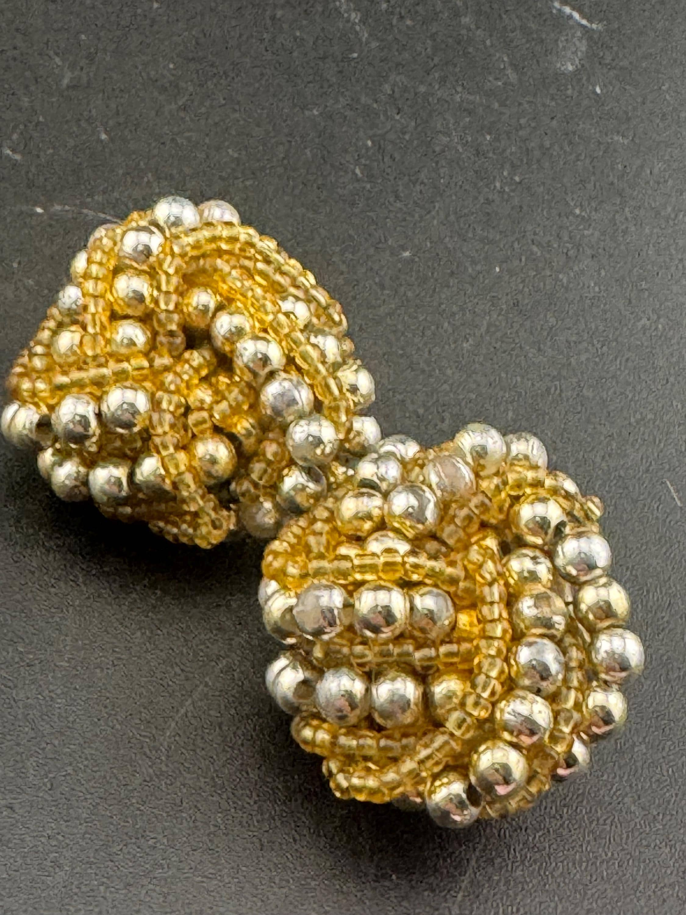 Vintage gold seed beaded KNOT Cluster turban earrings studs clip on Earrings