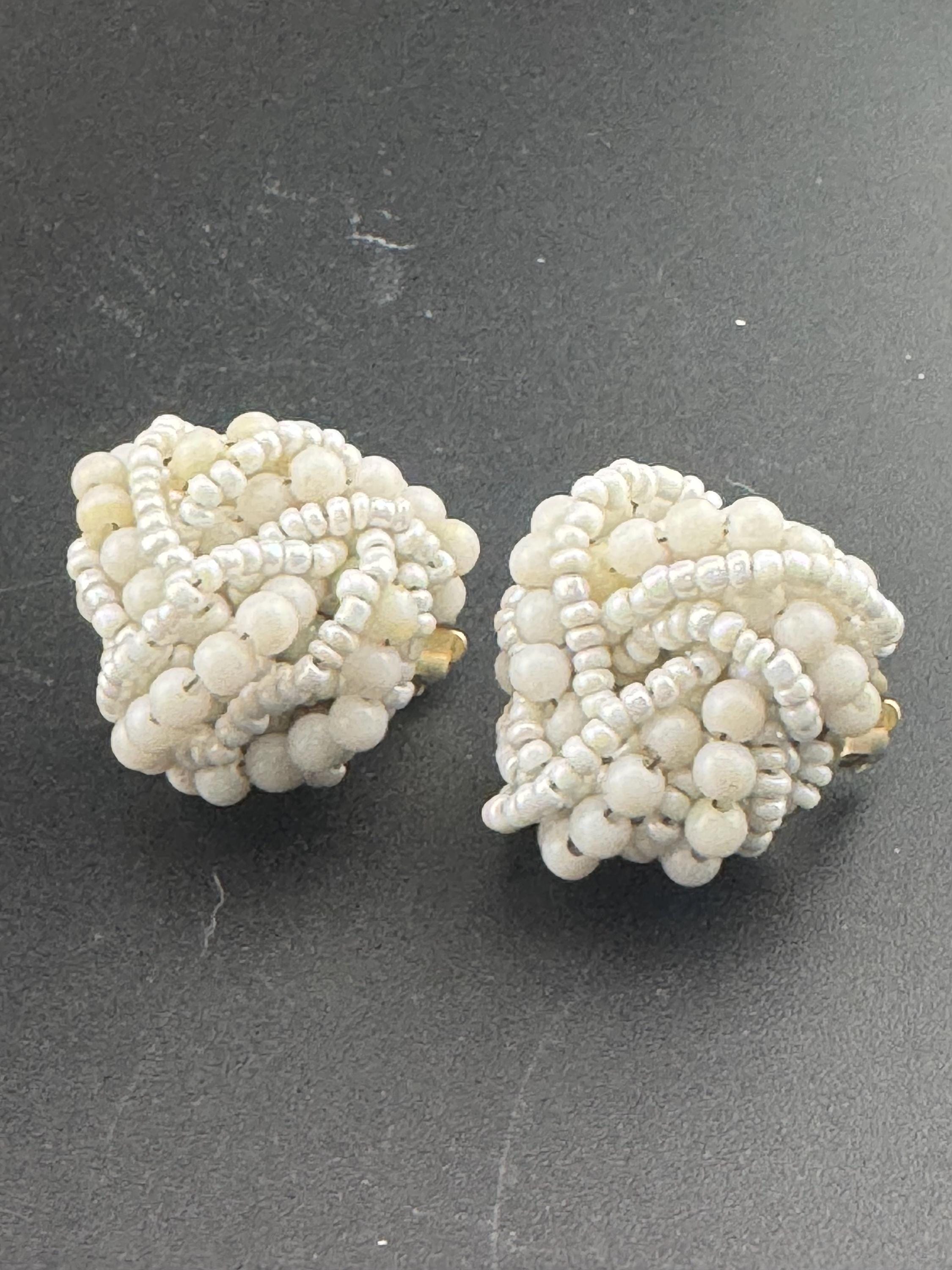 Vintage white glass seed beaded KNOT Cluster turban earrings studs clip on Earrings