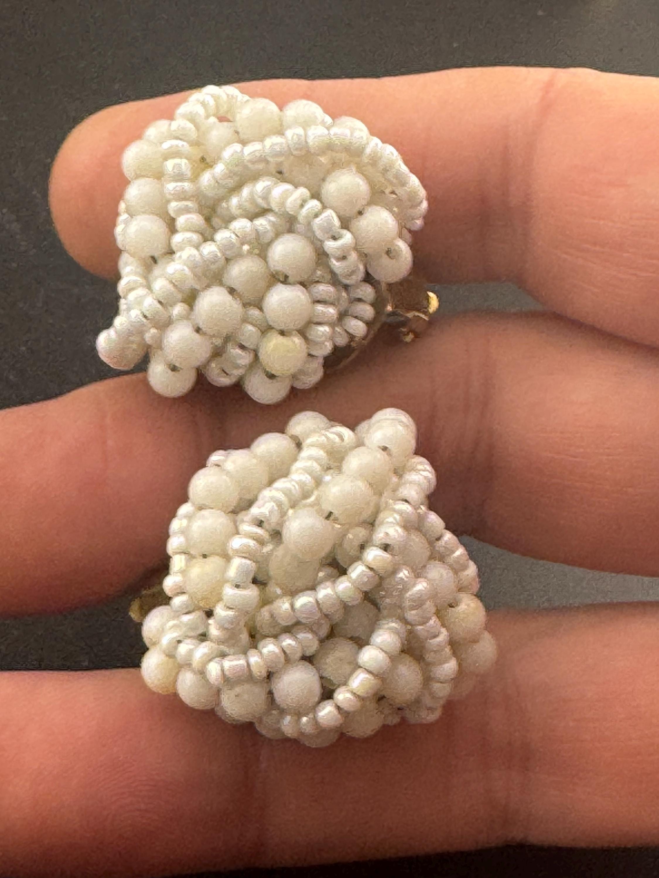 Vintage white glass seed beaded KNOT Cluster turban earrings studs clip on Earrings