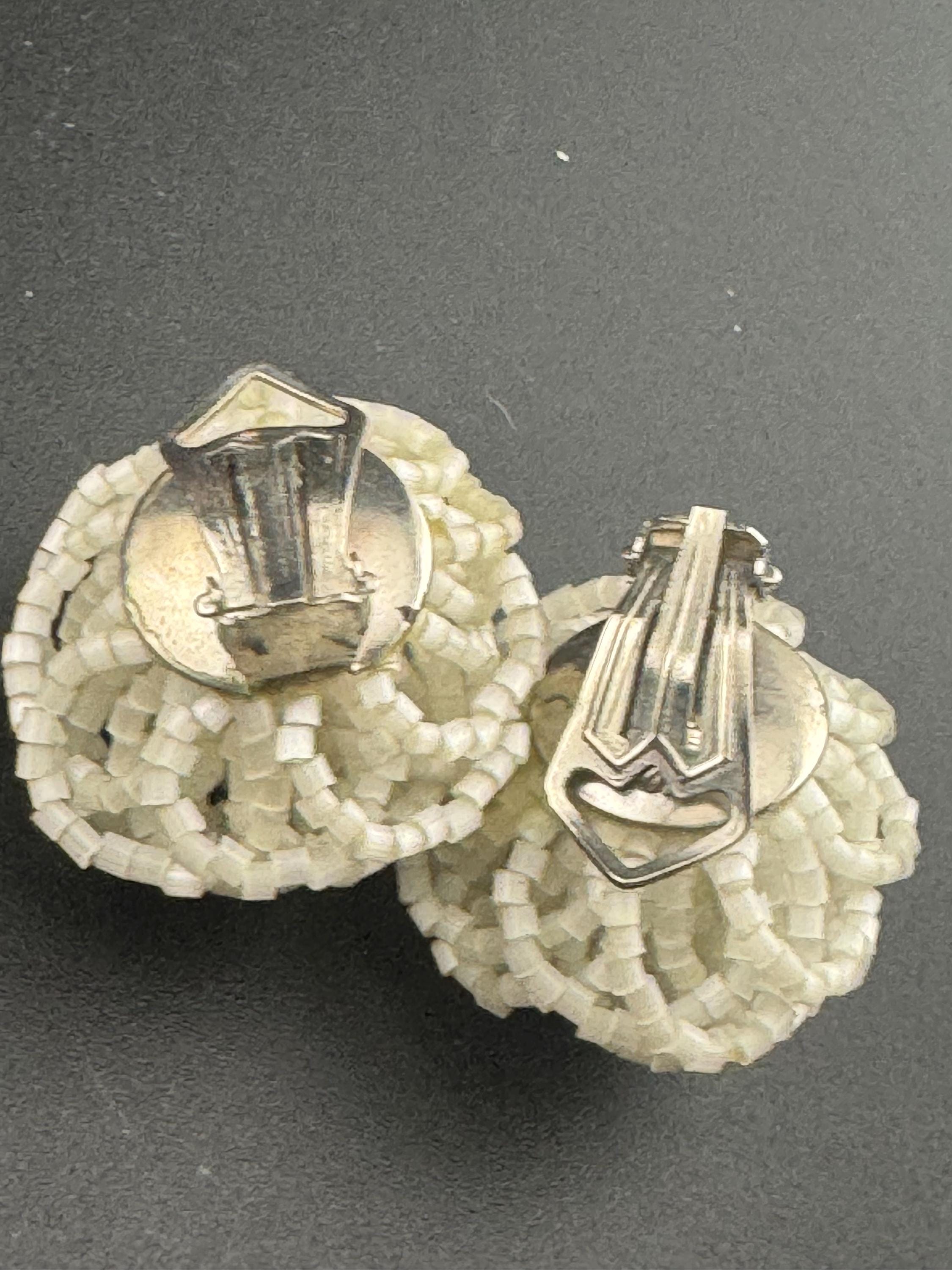 Vintage ice white glass seed beaded KNOT Cluster turban earrings studs clip on Earrings