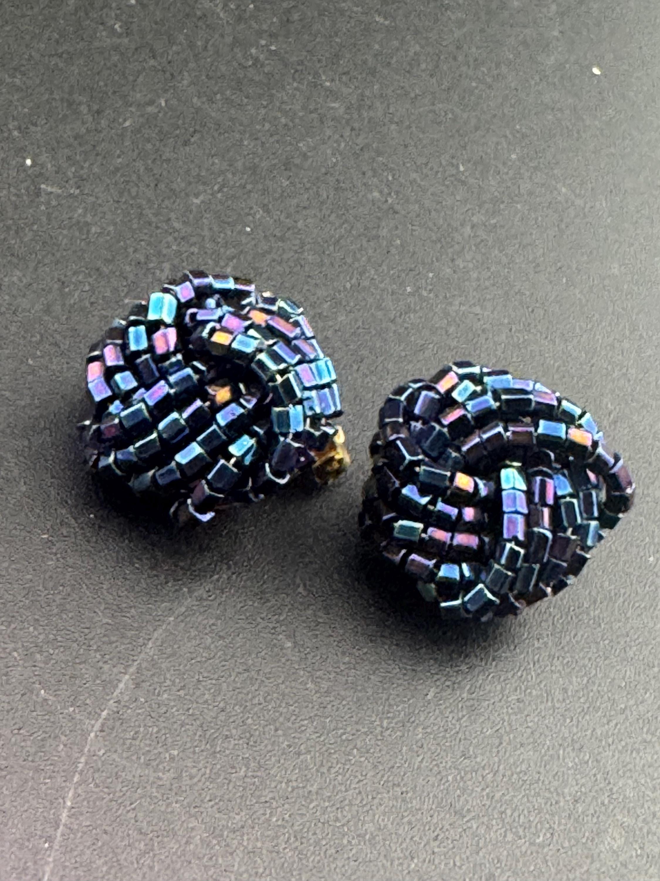 Black rainbow glass seed bead turban clip on earrings vintage