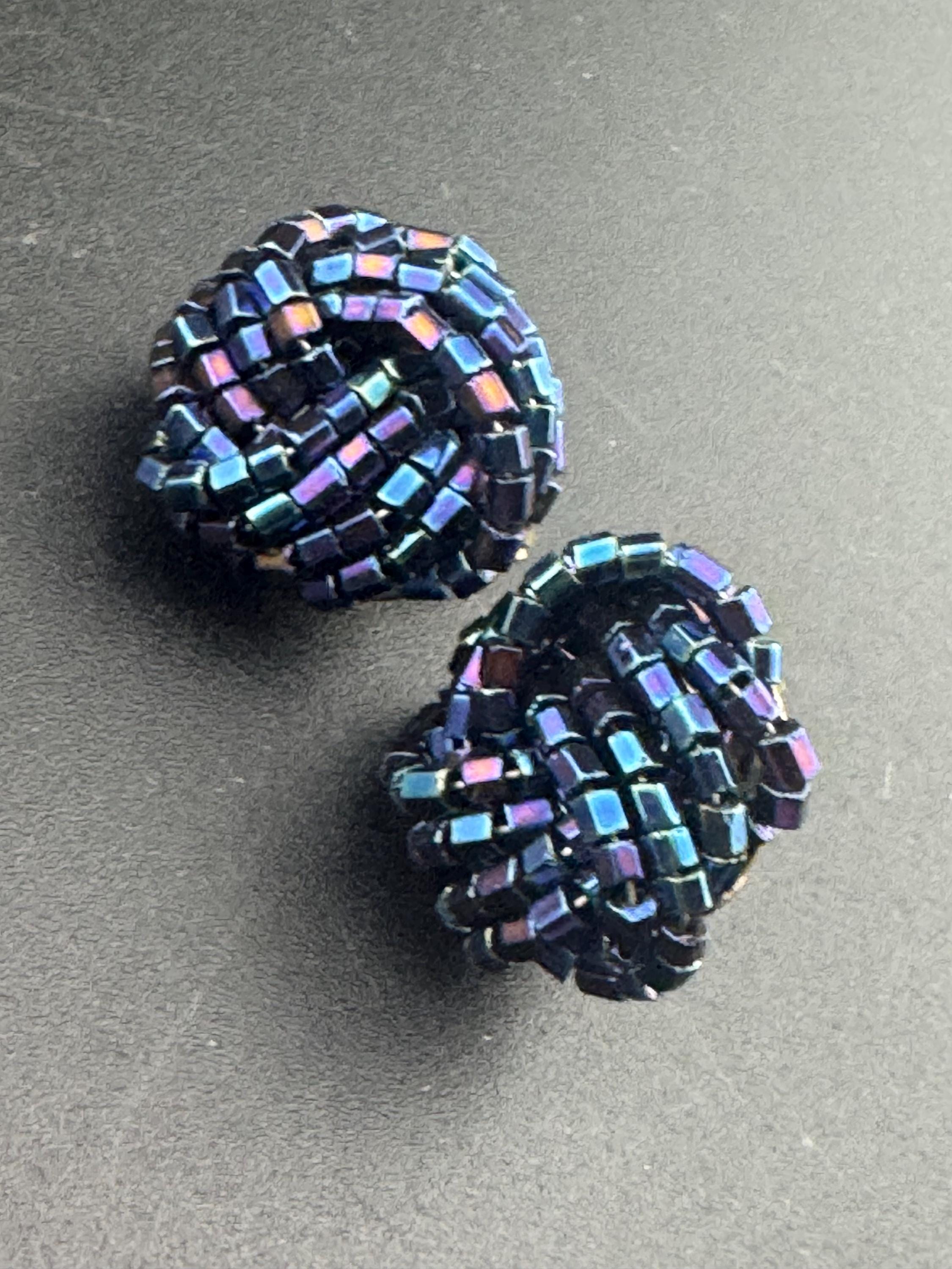 Black rainbow glass seed bead turban clip on earrings vintage