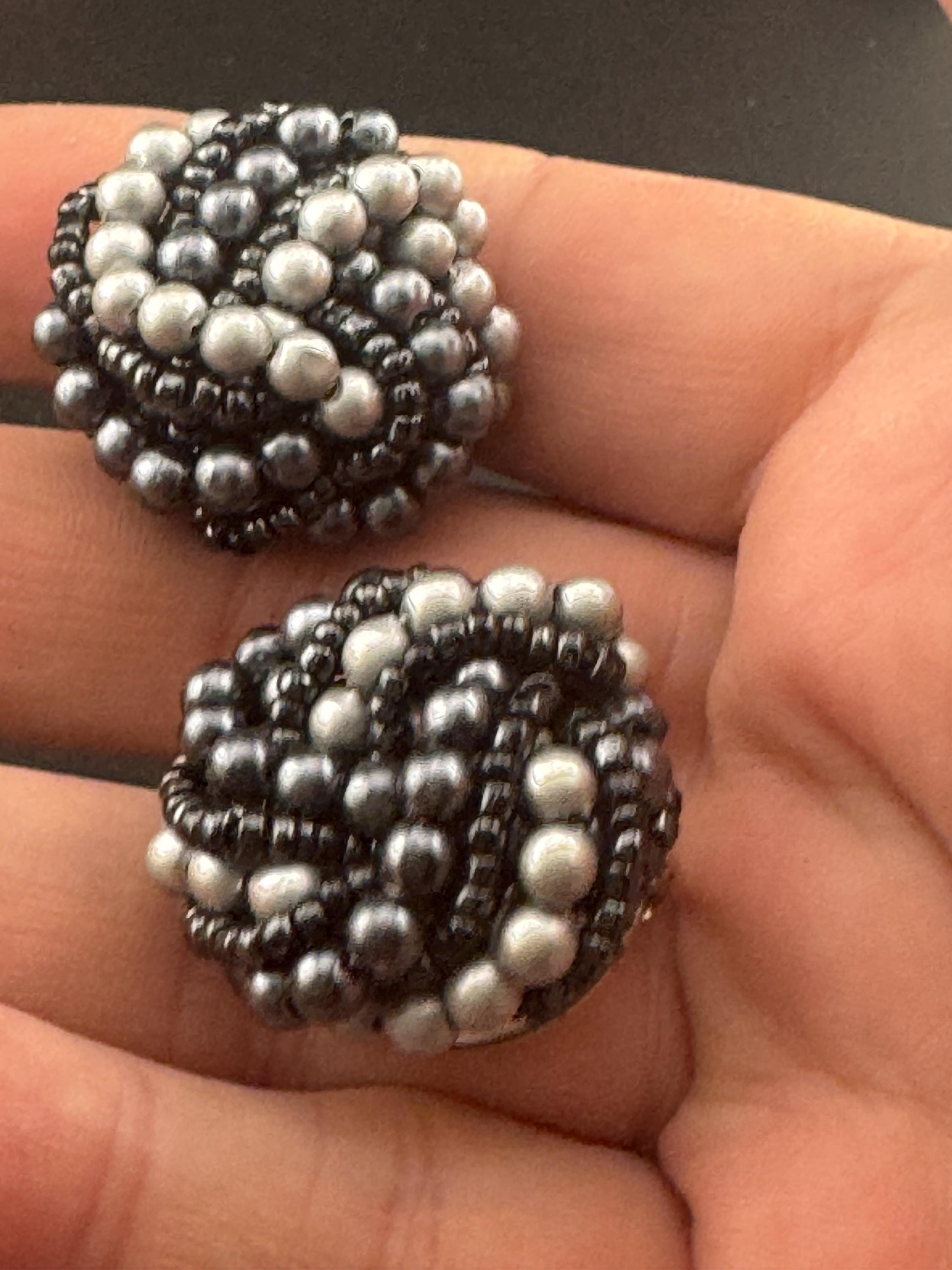 Black grey glass pearl seed bead turban clip on earrings vintage