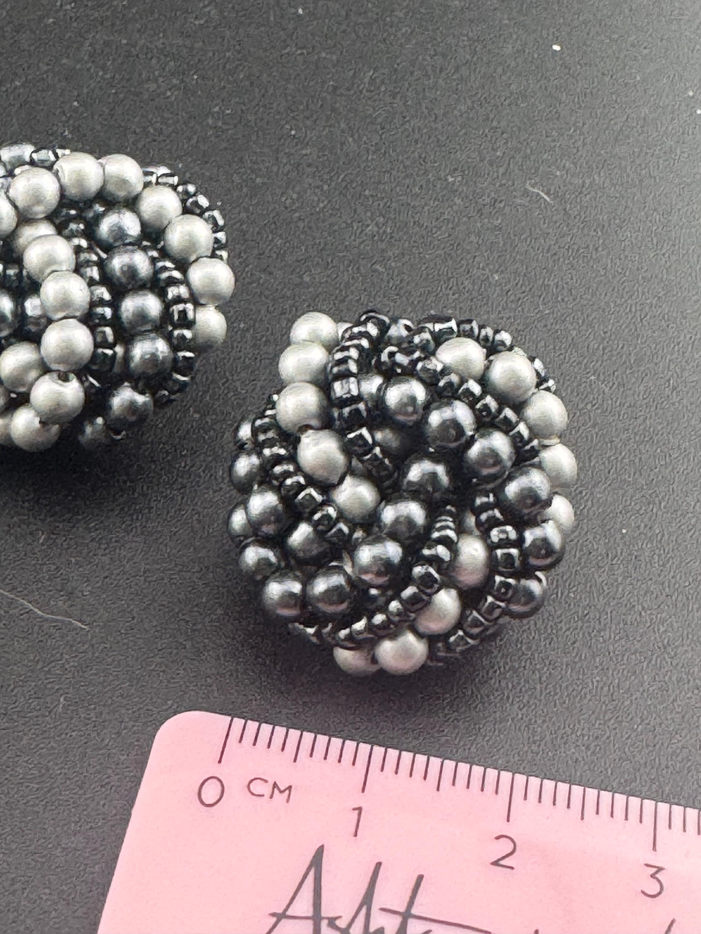 Black grey glass pearl seed bead turban clip on earrings vintage