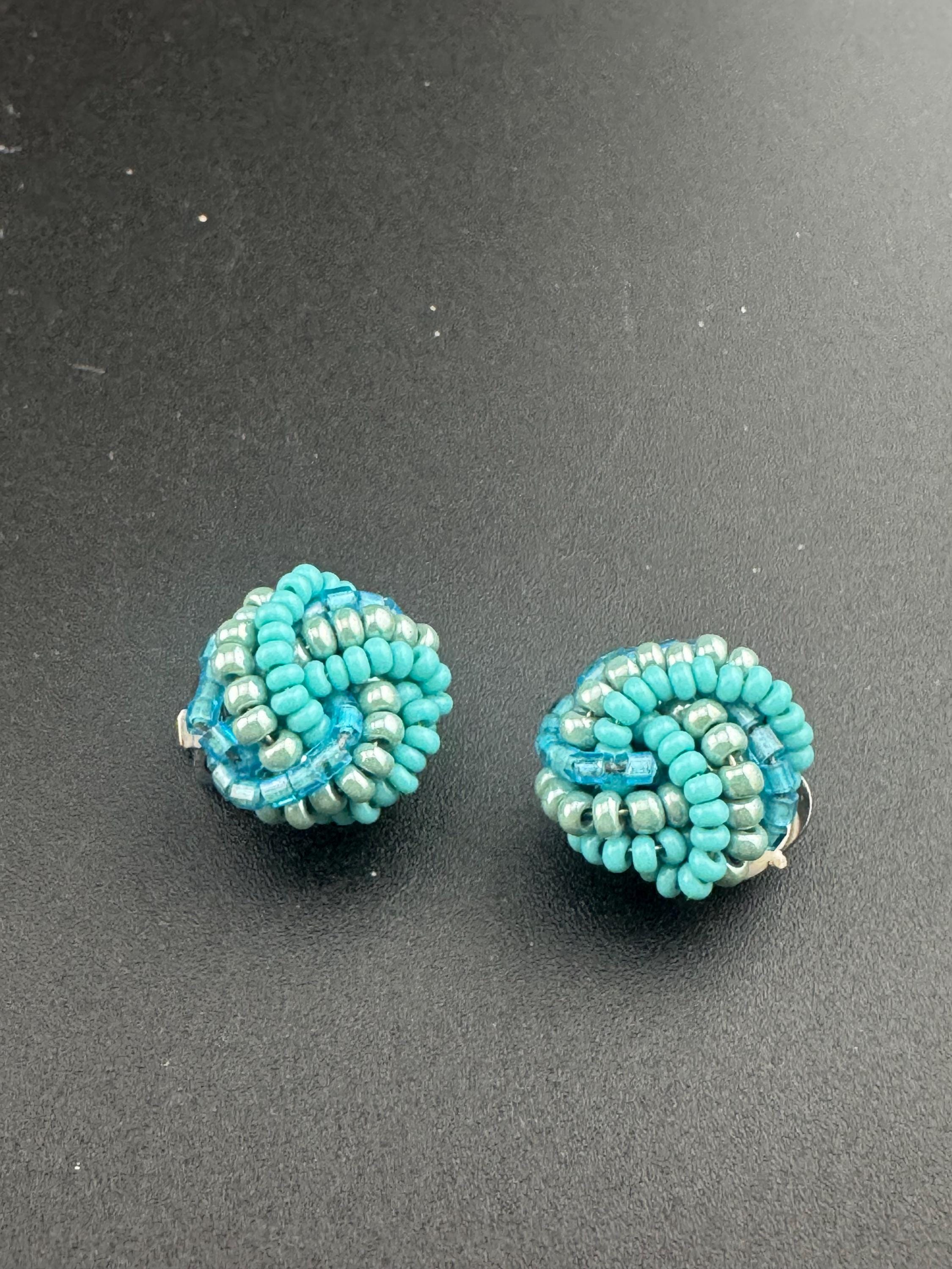 Vintage light ice blue seed beaded KNOT Cluster Clip On Earrings