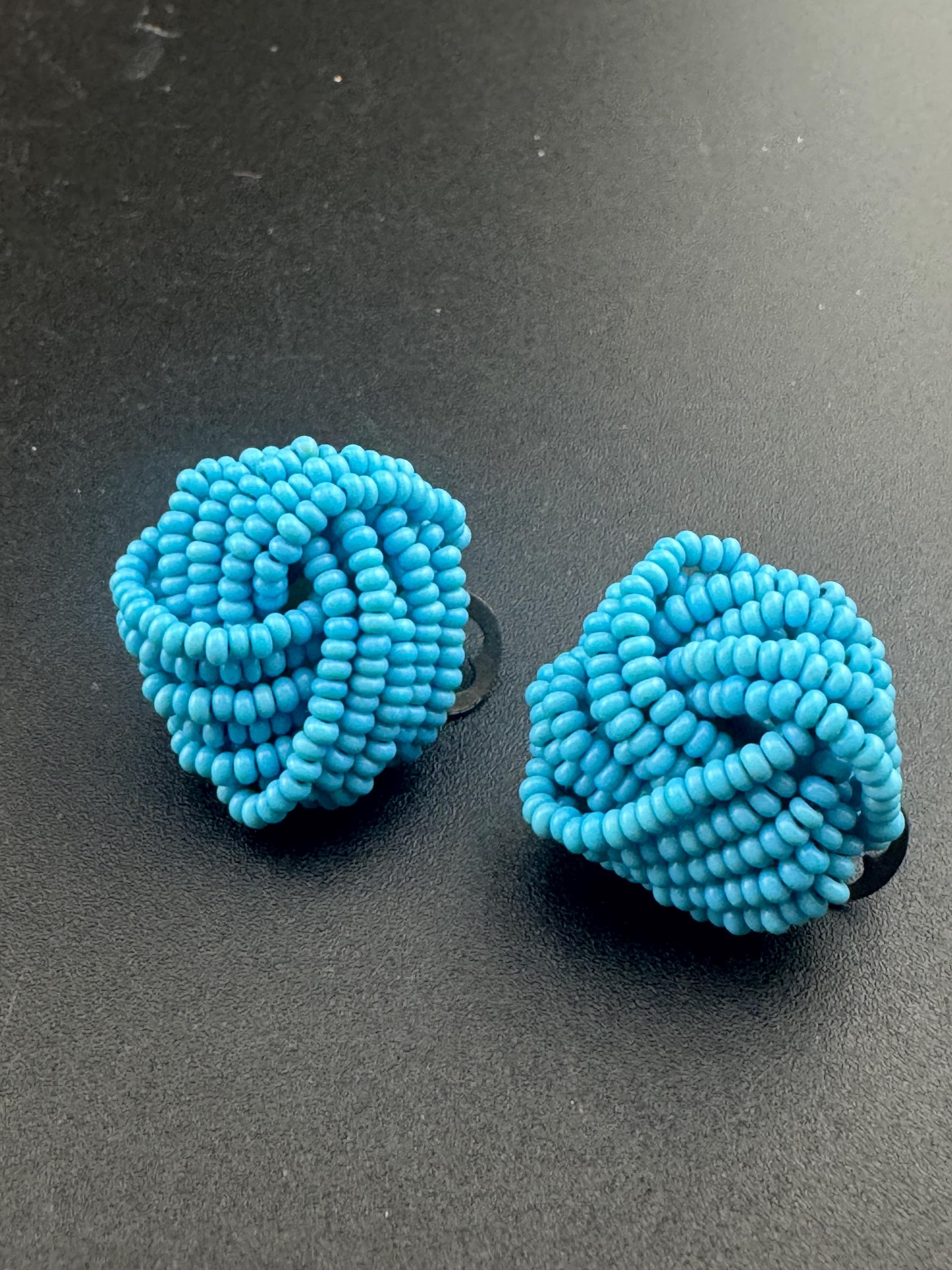 Vintage light ice blue seed beaded KNOT Cluster Clip On Earrings